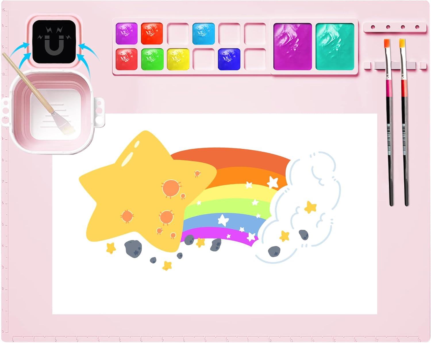 Silicone Painting Mat, 20"X16"Silicone Art Mat for Kidswith 1 Water Cup ，Craft Paint Brush Cleaner Tool，Diy, Clay, Play Doh（Pink）…