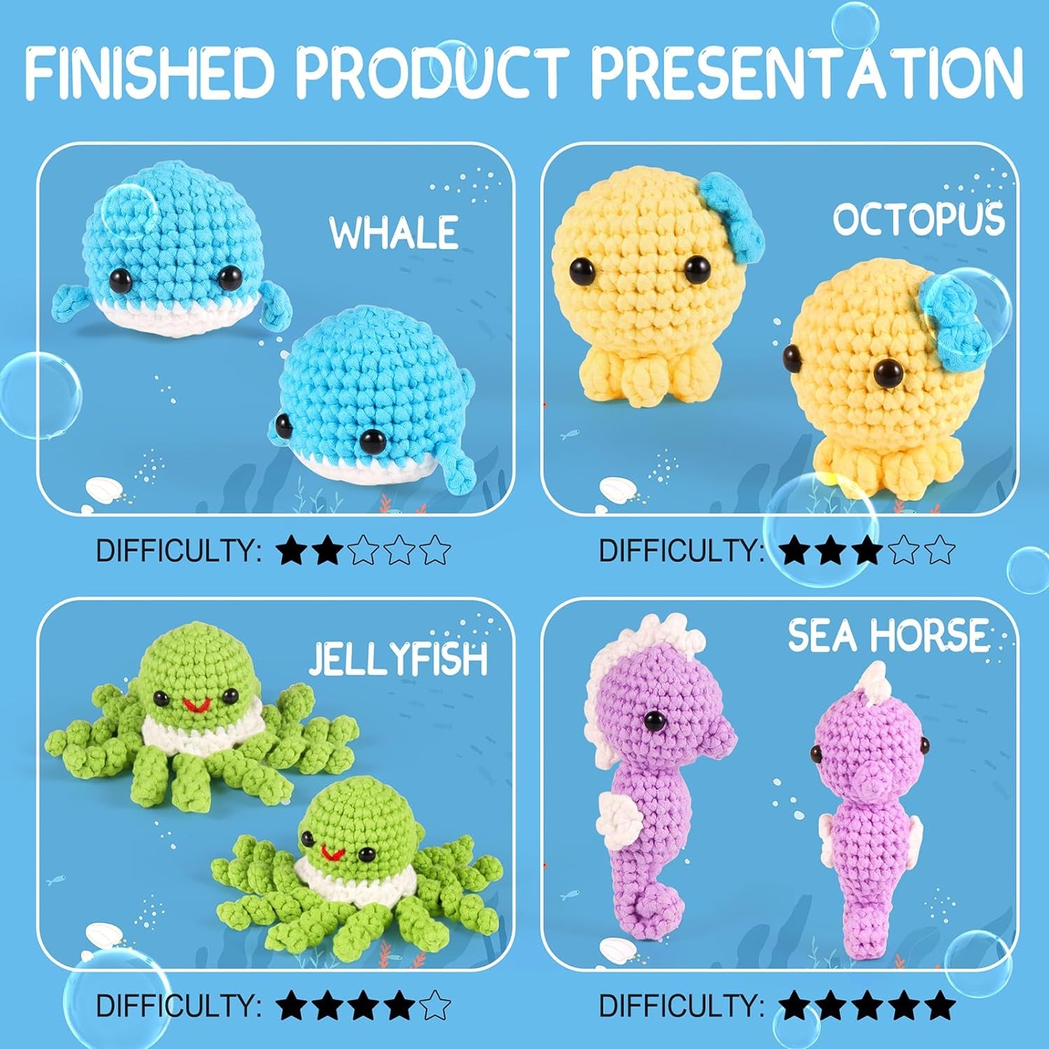 Crochet Kit for Beginners, Beginner Crochet Kit for Adults & Kids with Step-By-Step Video Tutorials, Knitting Kit, 4 Pattern Crochet Animal Kit - Whale, Jellyfish, Sea Horse and Octopus