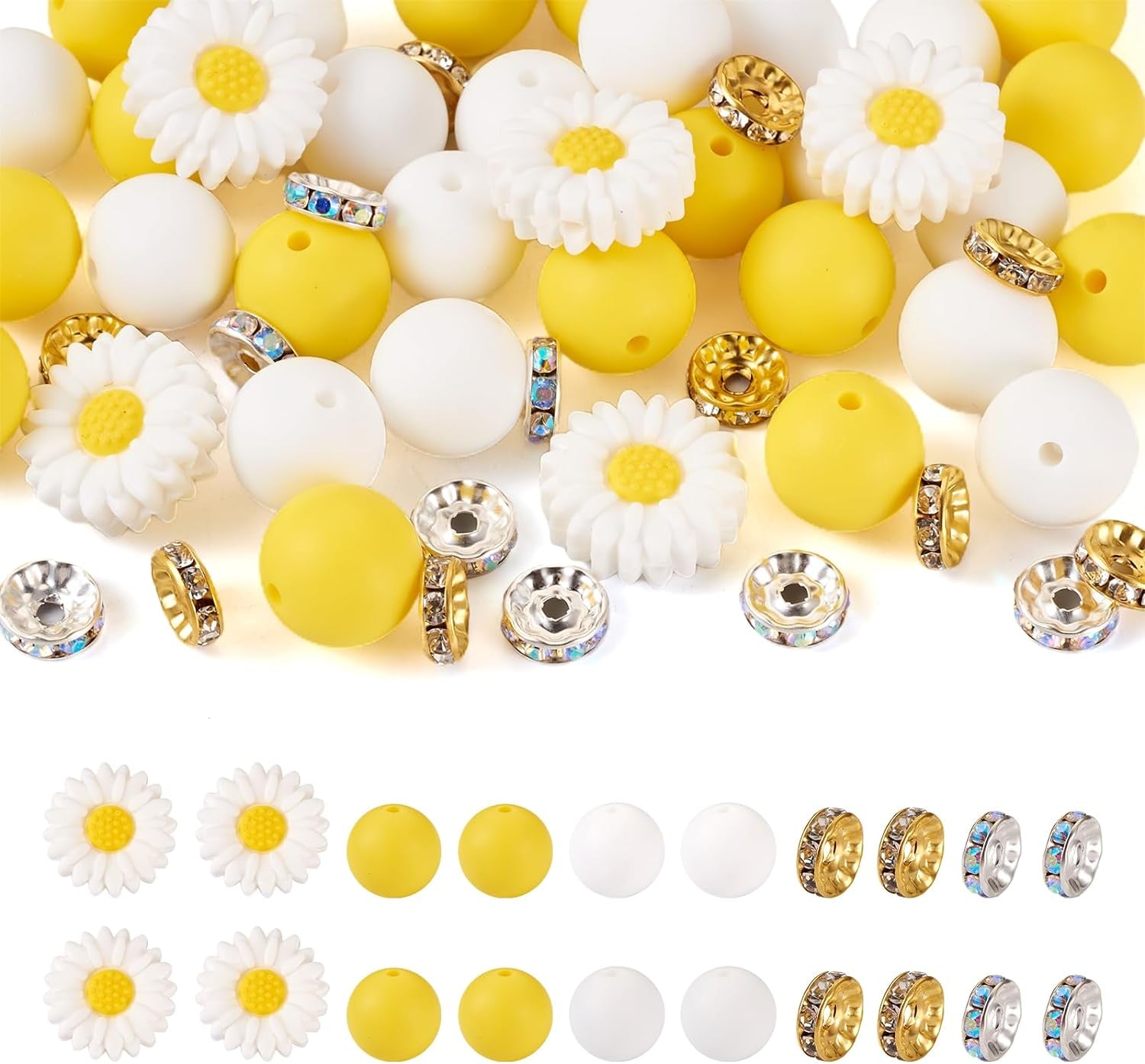 65Pcs Daisy Flower Silicone Focal Beads Yellow Silicone Rubber Beads Summer Focal Bracelet Beads Glass Rhinestone Beads for Necklace Spring’S Festival Jewelry Making
