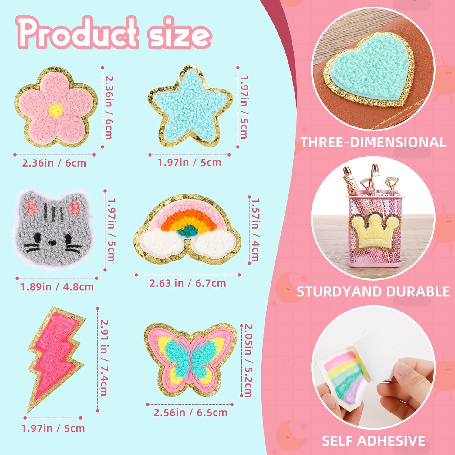 40 Pcs Chenille Embroidered Patches, Self Adhesive Glitter Patches Flowers Stars Hearts Rainbows Butterflies Cat Paws Diamonds Lightning Fabric Stickers for Clothes Repair Decor Accessories