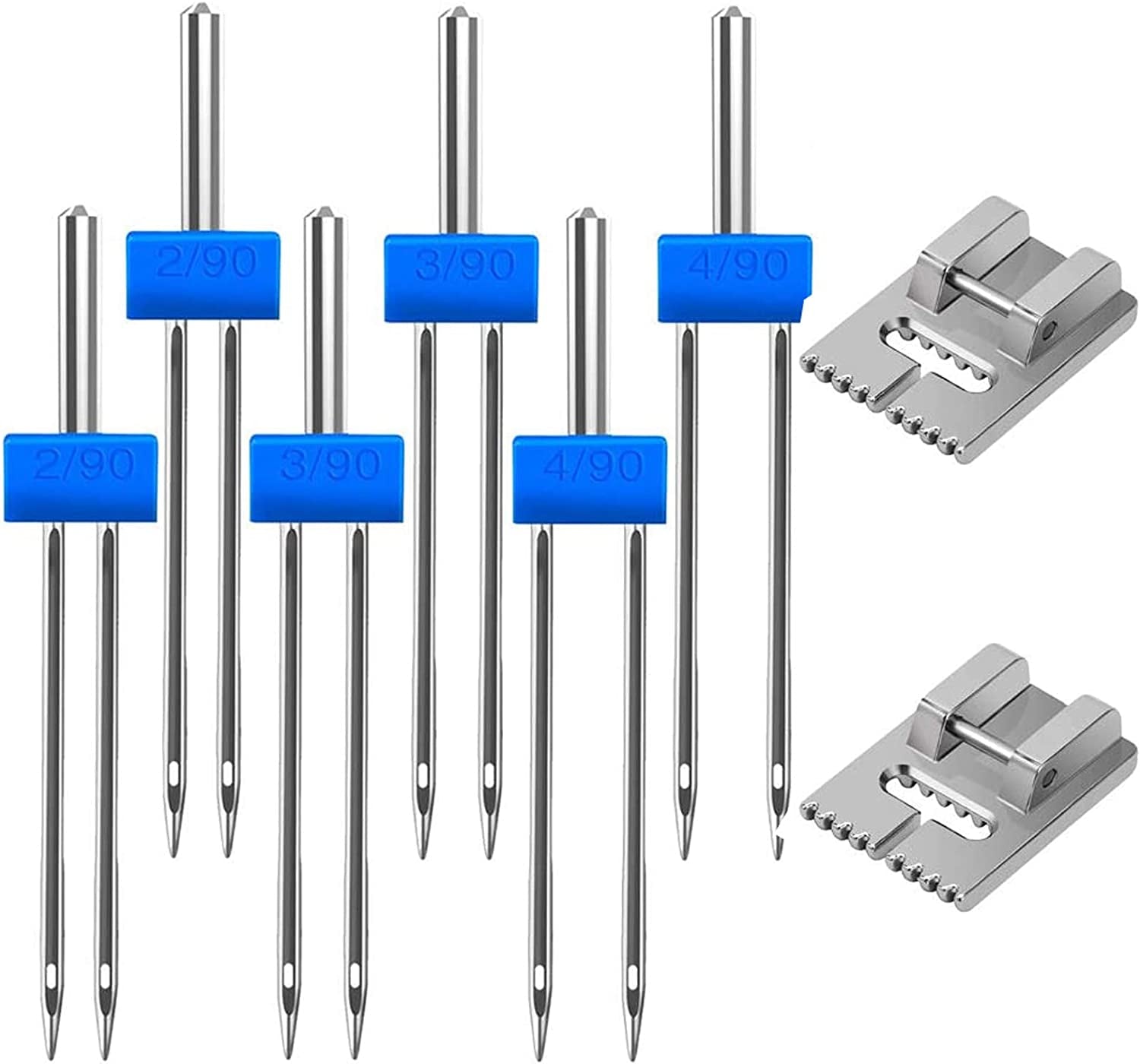 6Pack Twin Needle Double Needle with 2 PCS 9 Groove Pintuck Presser Foot 3 Size 2/90 3/90 4/90 by