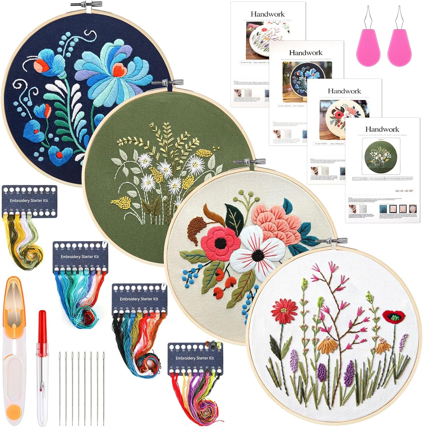 4 Pack Flower Embroidery Kit for Beginners with Pattern and Instructions, Cross Stitch Kits Include 2 Wooden Embroidery Hoops Color Threads Needlepoint Kit for Adults