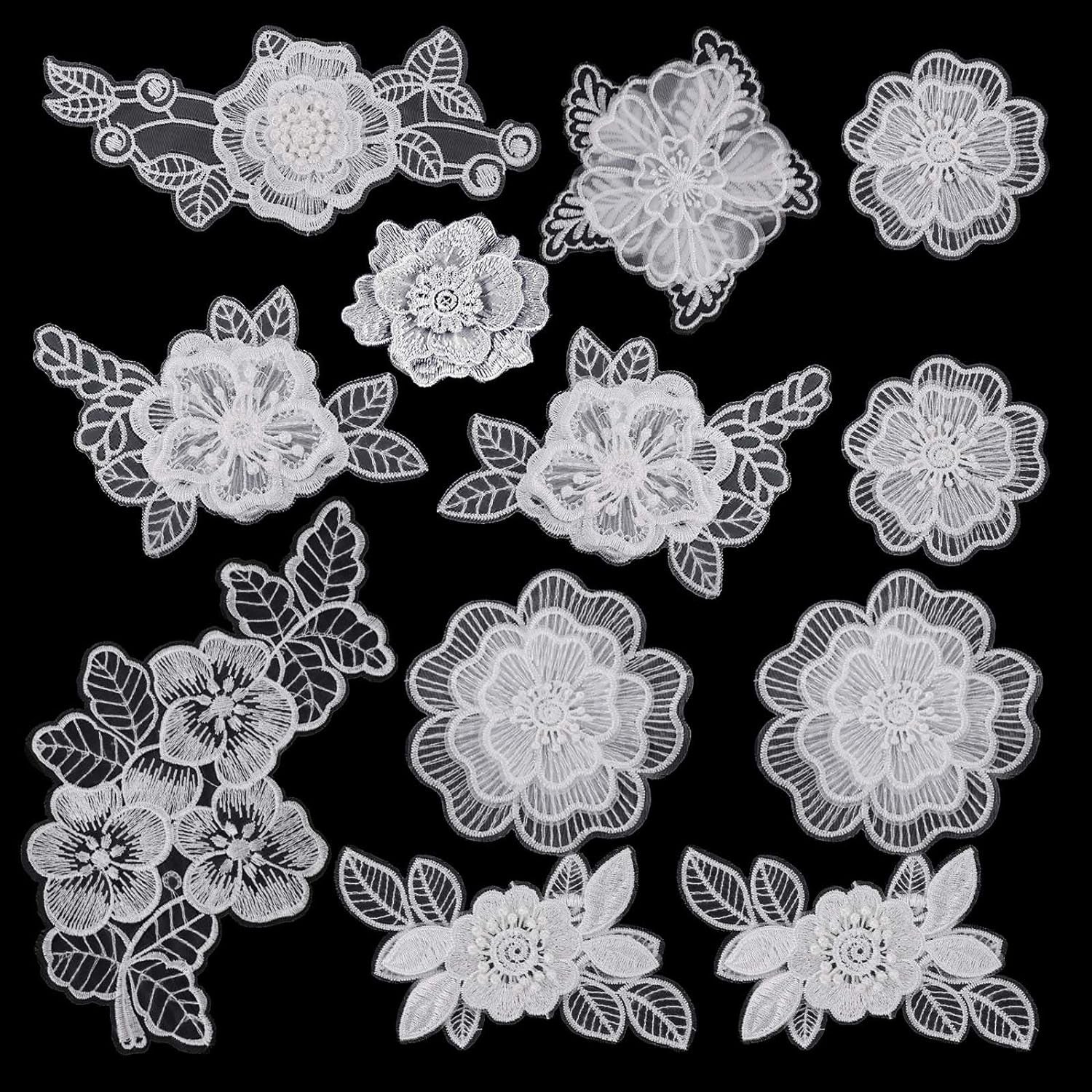 12 PCS Flower Applique White Lace Embroidered Flower Patches for Clothes 3D Floral Sew on Patches for Women'S Dress Jeans Sweater Hats Shoes Bags Clothes Repairing Decorating Wedding DIY Sewing Craft