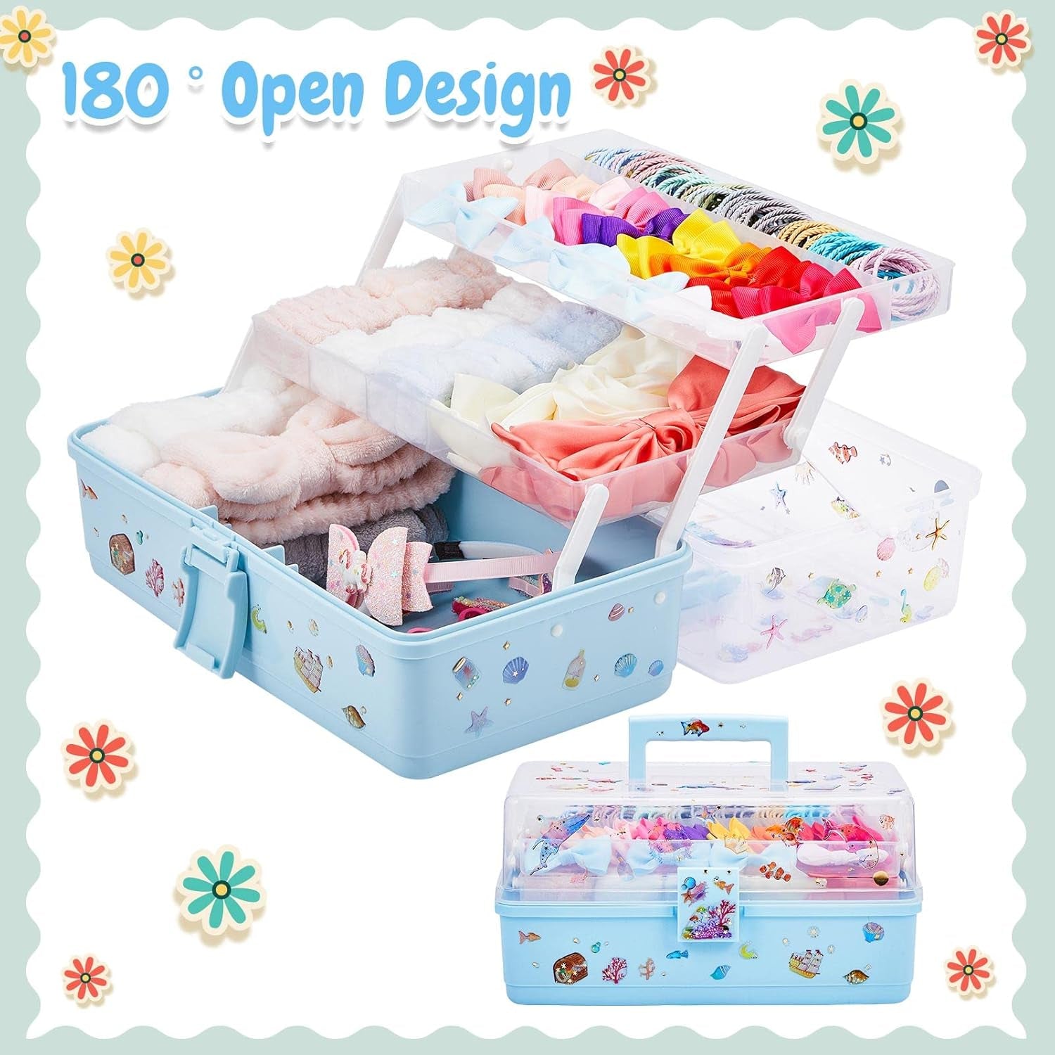 Hair Accessories Organizer 13 Inch Hair Accessories Storage Box with Fold Tray and Handle 3 Layers Plastic Tool Box Hair Accessories Organizer Box for Art Sewing Nail with Stickers (Blue)