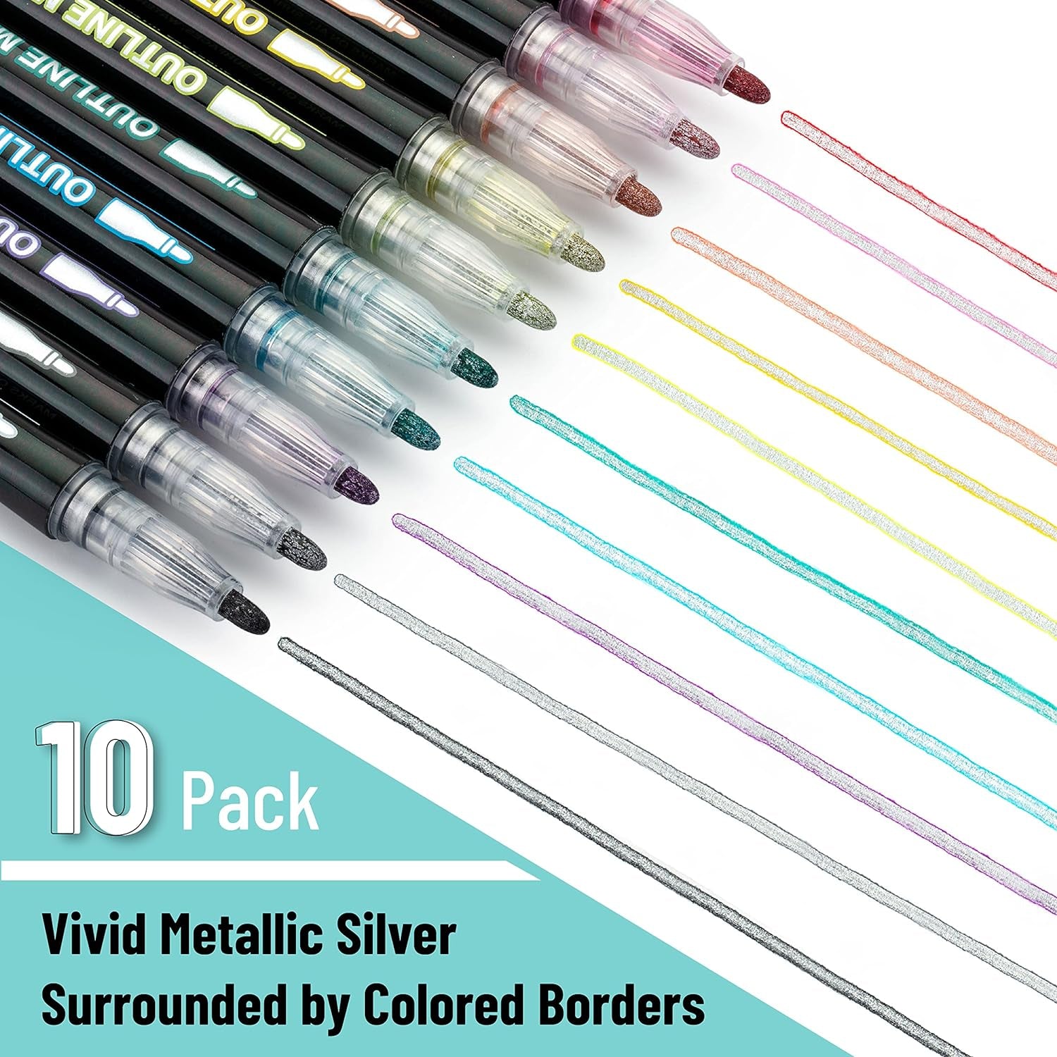 - Double Line Outline Markers, 10 Colors, Shimmer Markers, Self-Outline Metallic Markers, Outline Pens, Craft Pens