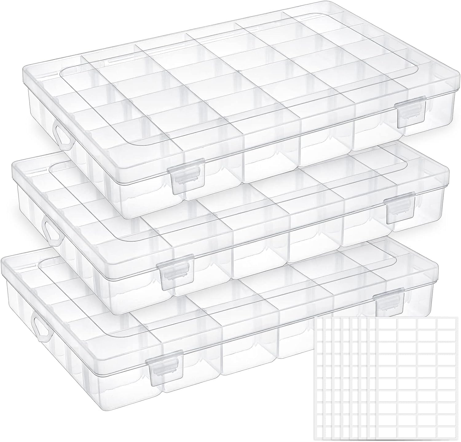 3 Pack 36 Grids Plastic Organizer Box Craft Storage with Adjustable Dividers, Bead Organizer Container Clear Storage Box for Fishing Tackles Crafts Jewelry Thread with 400Pcs Label Stickers