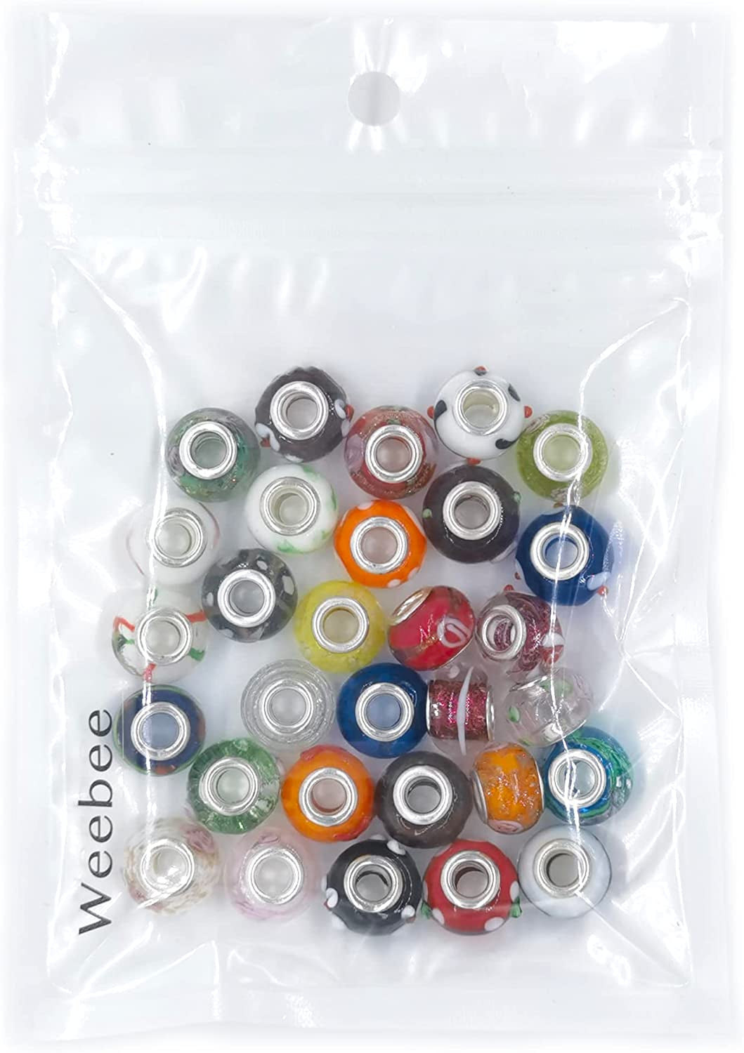 Murano Glass Beads Large Hole Glass Beads European Lampwork Spacer Charms Beads Silver Plated Cores Bracelet Charms for DIY Crafts Jewelry Making 50 Pcs Mixed