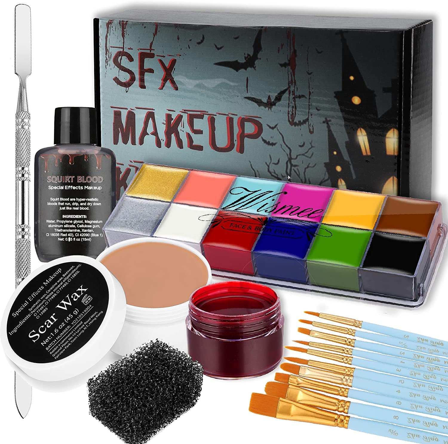 Face Paint Kit Sfx Makeup Special Effects Makeup Kit with Wound Scar Wax, Fake Scab Blood, Makeup Spatula for Halloween Cosplay Makeup Oil Based Professional Face Paint Makeup Palette Set
