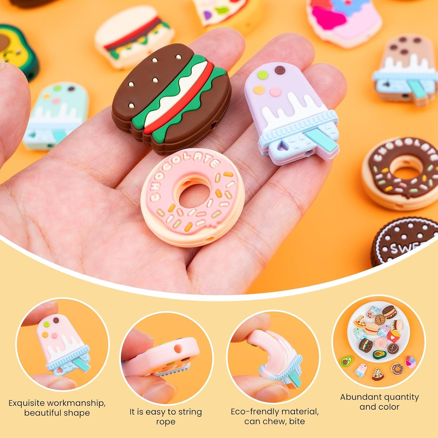 Silicone Focal Beads for Pens Characters Silicone Accessory Kit 18 Pcs Colorful round Silicone Beads for Keychain Making Bracelet Necklace Handmade Crafts (Food)