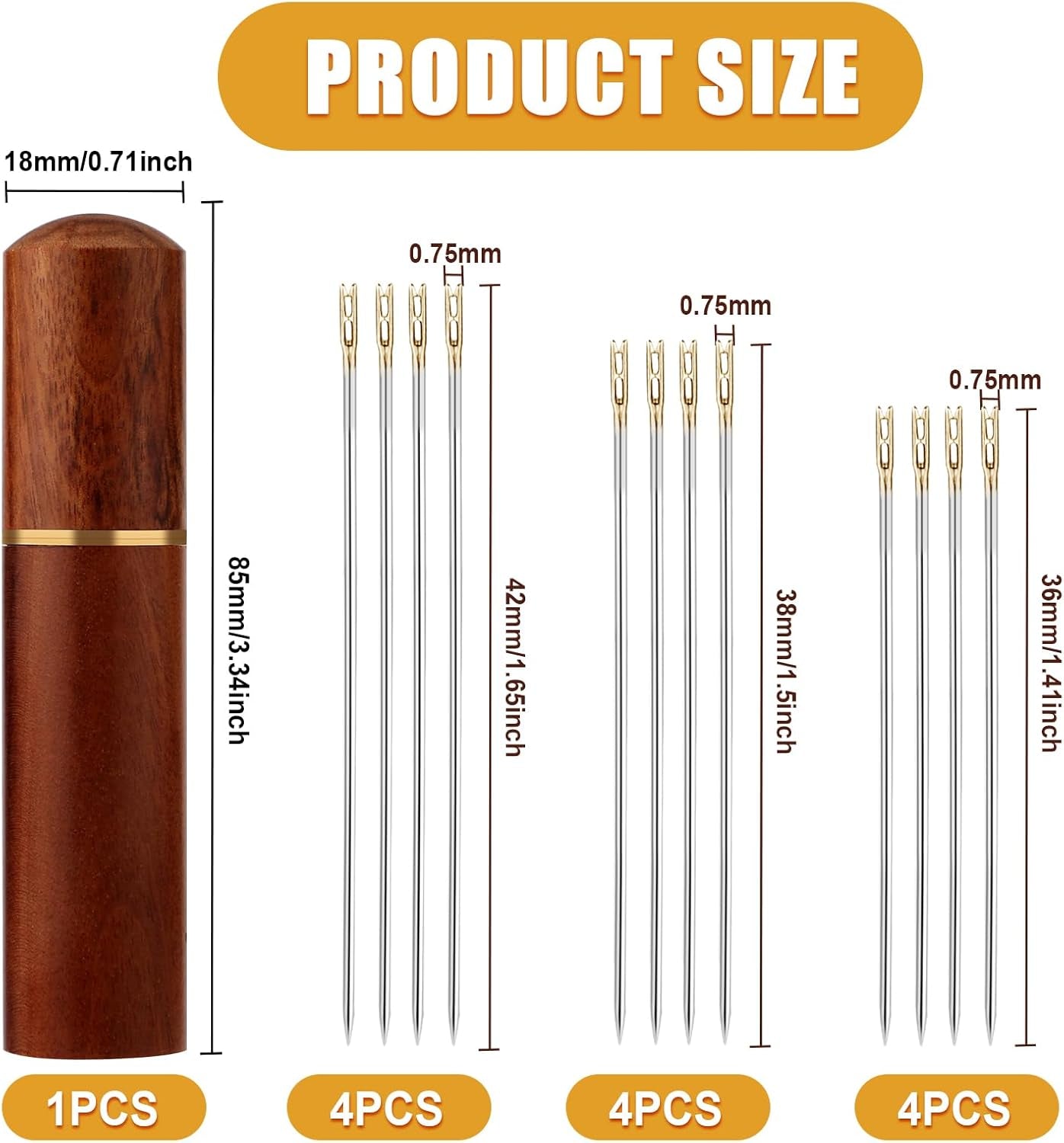 12Pcs Self Threading Needles, 3 Sizes Top Hanging Needles Embroidery Blind Needles Kit with Sandalwood Needle Box Hand Yarn Knitting Stitching Needles for DIY Embroidery Mending Sewing Projects (Gold)