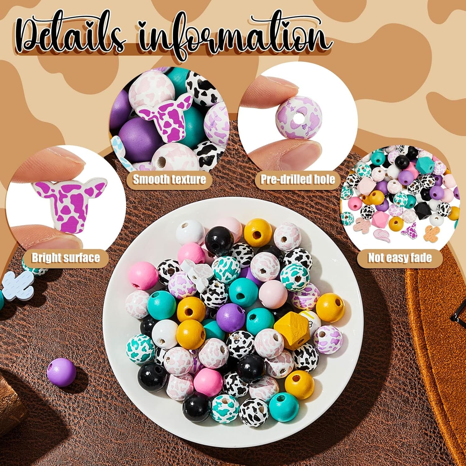 197 Pcs Cow Beads Western Beads Wood Beads for Jewelry Making Beads for Pens Colorful Wood Beads for Crafts with Rope Keyring for DIY Adults Jewelry Bracelets