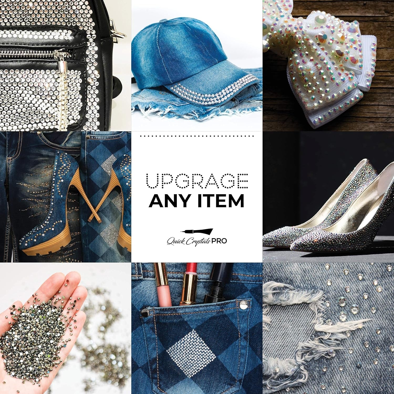 Hotfix Applicator, , Bedazzler Kit with Rhinestones, DIY Wand Setter Tool Kit with 7 Different Tip Sizes, Tweezers, Cleaning Brush, User Manual, and 4400 Rhinestones - Black