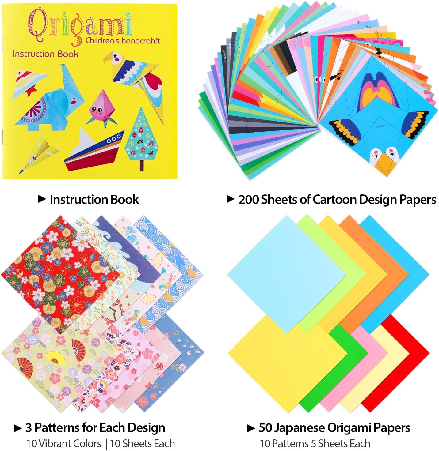 Origami Paper for Kids Crafts, 350 PCS Origami Paper Kit, Vivid 200 Cartoon Origami Objects+100 Solid Color Papers+50 Traditional Japanese Patterns with Instructions, Origami for Kids Adults Beginners