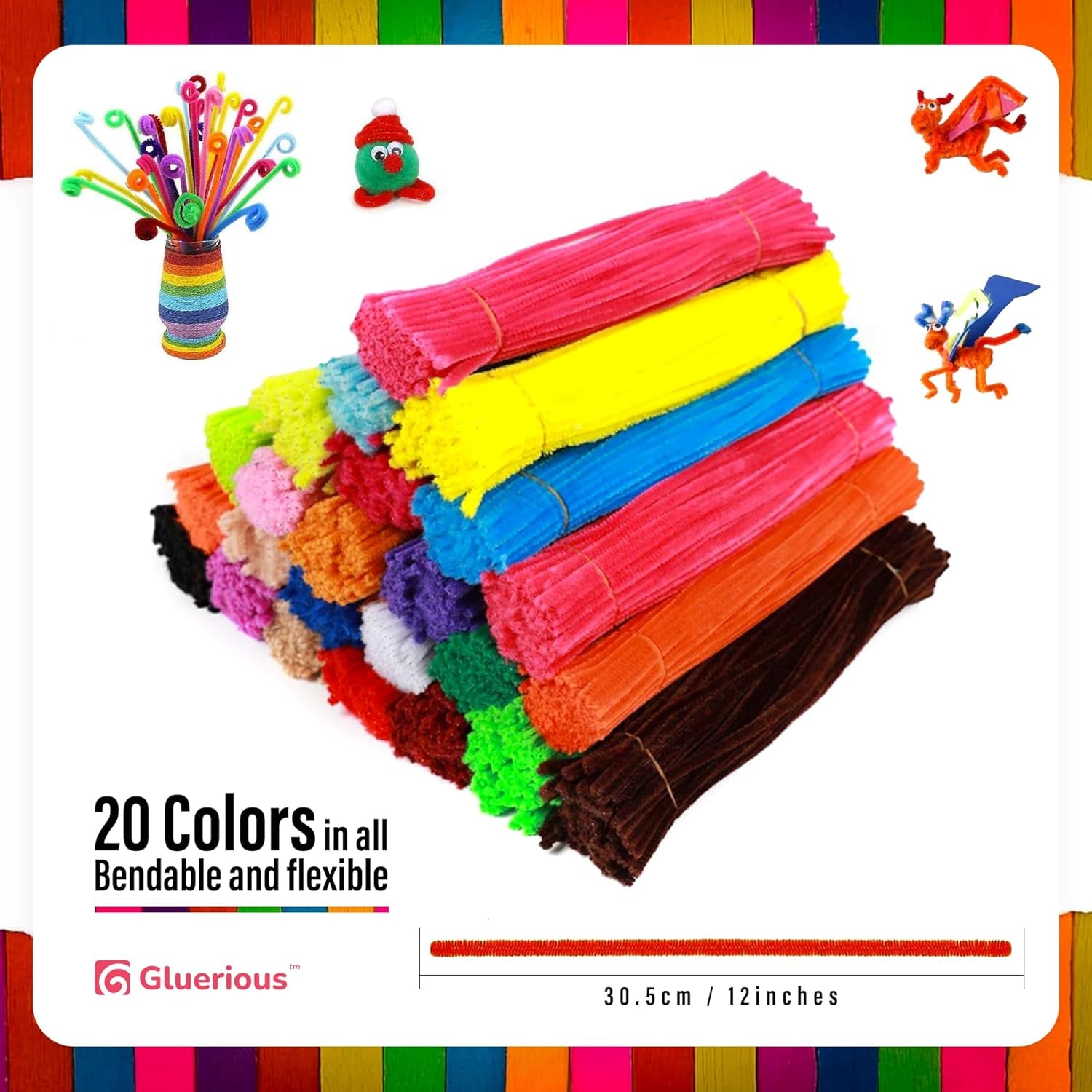 1200Pcs Pipe Cleaners for Craft, Chenille Stems for DIY Art Decorations, 20 Assorted Colors Green Black White Orange Pastel & More, 12 Inches Size for All Creative Ages