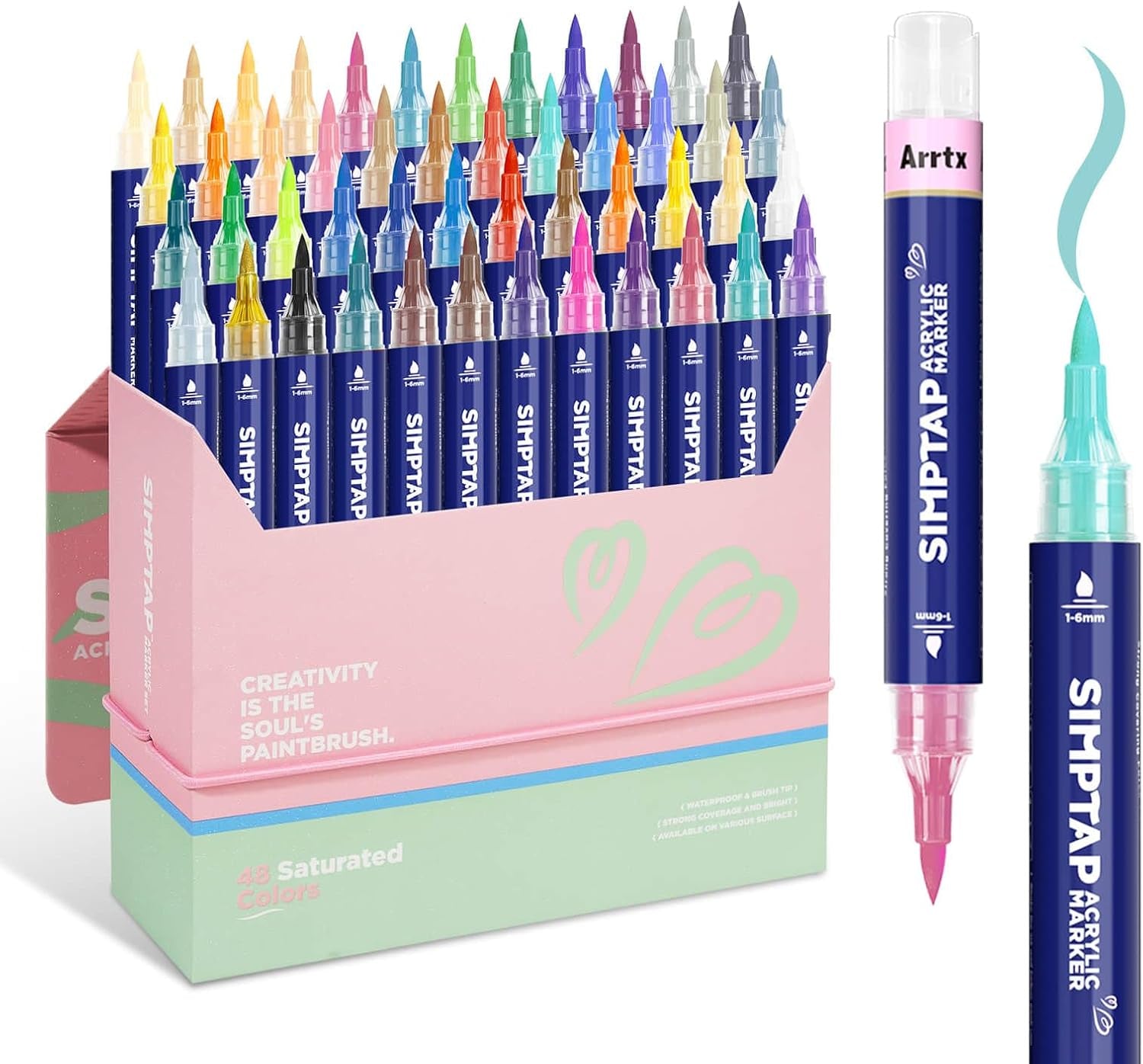 Top Valve Action Marker Pen, Set of 24 Colors Simptap Acrylic Paint Pens, Extra Brush Tip, Water Based Paint Markers for Stone, Glass, Easter Egg and Fabric Painting-Arts and Crafts for Adults