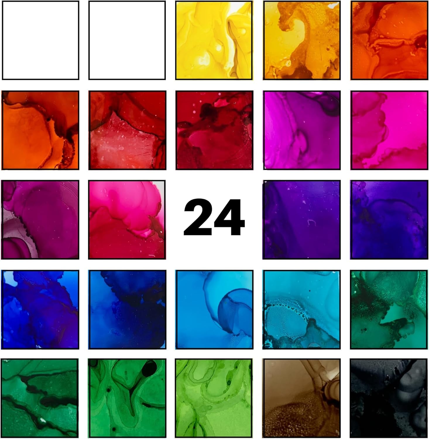 Alcohol Ink Set - New Improved Formula - 24 Highly Saturated Alcohol Inks - Fast-Drying and Permanent Inks - Versatile Alcohol Ink for Epoxy Resin, Tumblers, Fluid Art Painting, Glass, Metal Etc