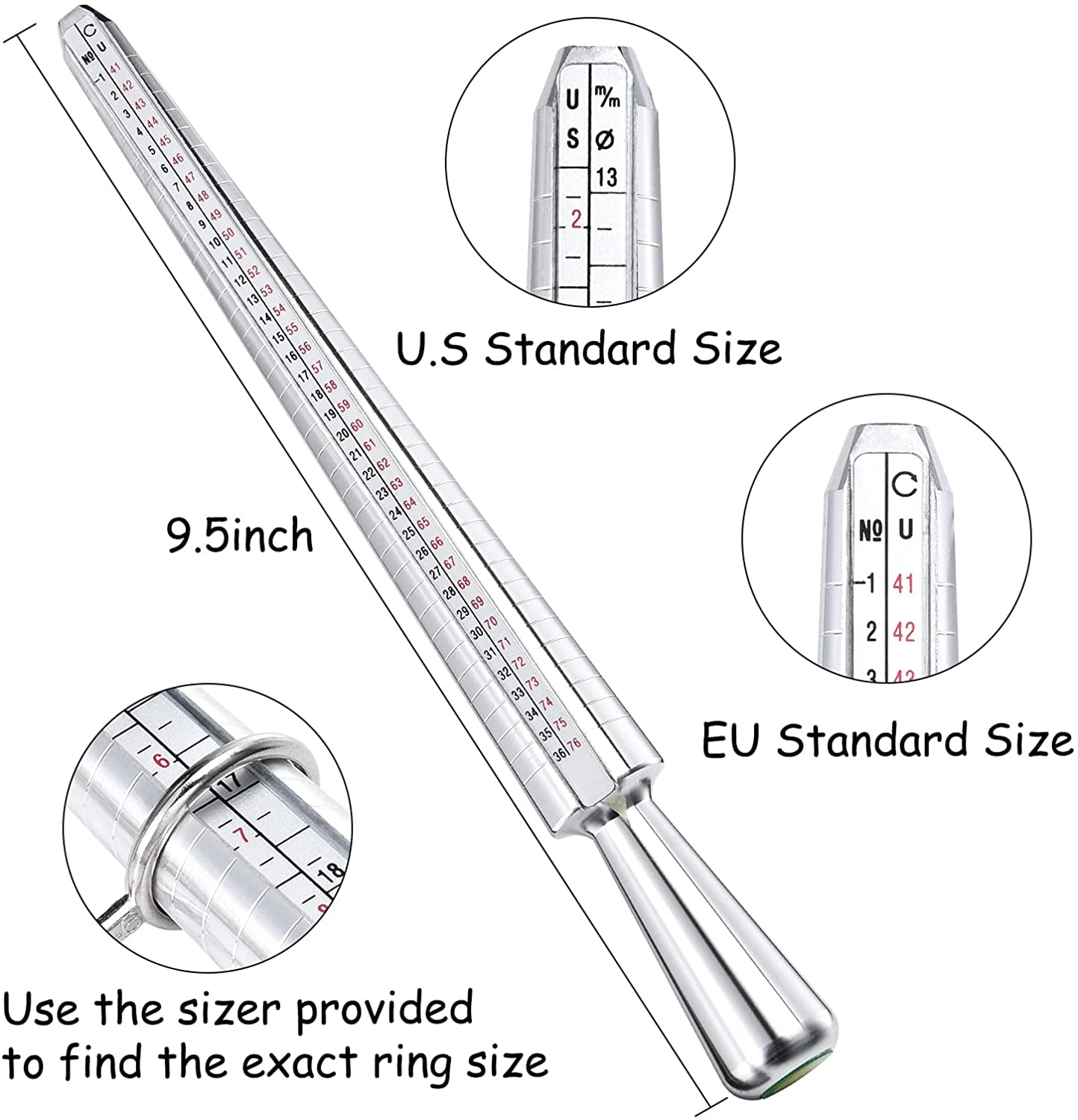 Ring Sizer Measuring Tool,  Aluminum Ring Mandrel Dual Measurement Size Metal Rings Sizers Tools Kit Adjuster for Women Men Rings