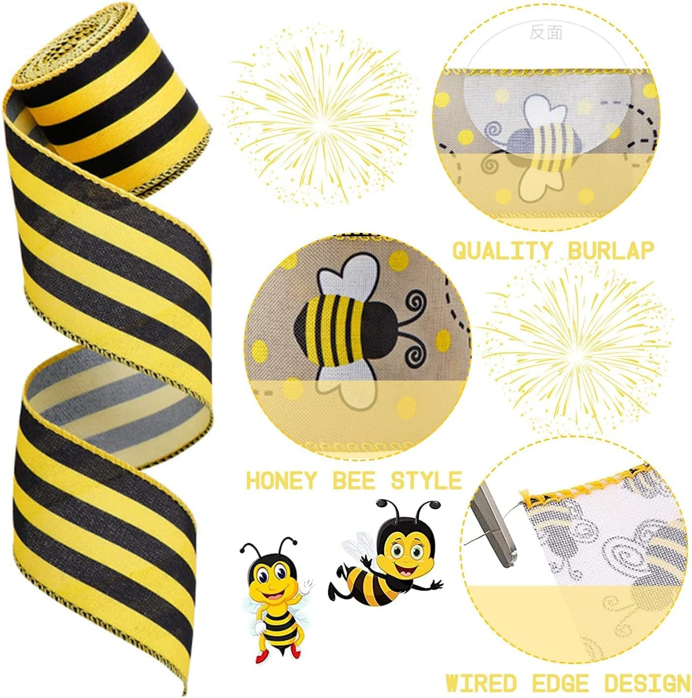 6 Rolls 40 Yards Bee Ribbon Wired Edge Ribbon Honeybee Ribbon for Crafts Wrapping Easter Party Decorations Bee Themed Decorations Bee Baby Birthday Party Supplies