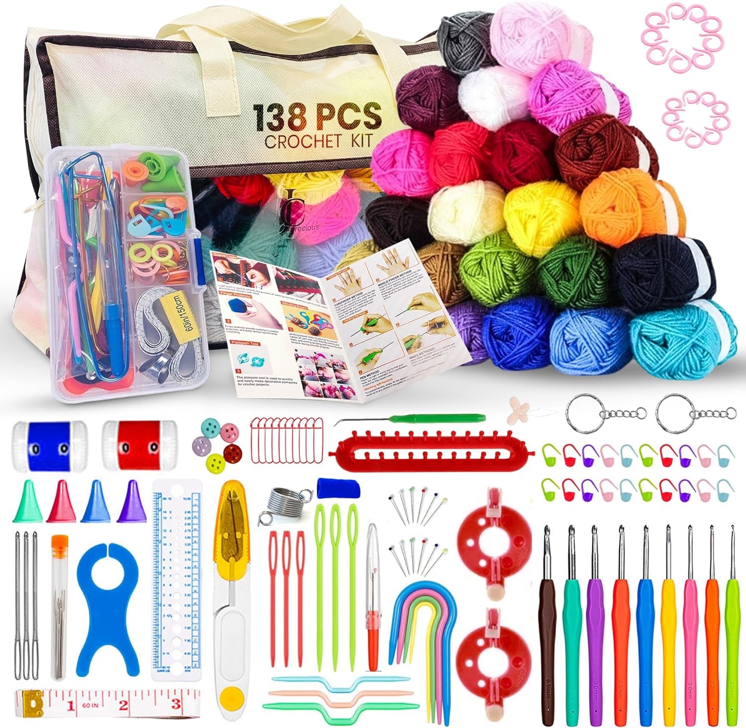 138-Piece Complete Crochet Kit for Beginners Adults & Kids, 25 Acrylic Yarn Colors, Ergonomic Hooks, Scarf Loom, Pompom Makers - Make Amigurumi, Scarves - Learn to Crochet Book - Ideal for All Ages