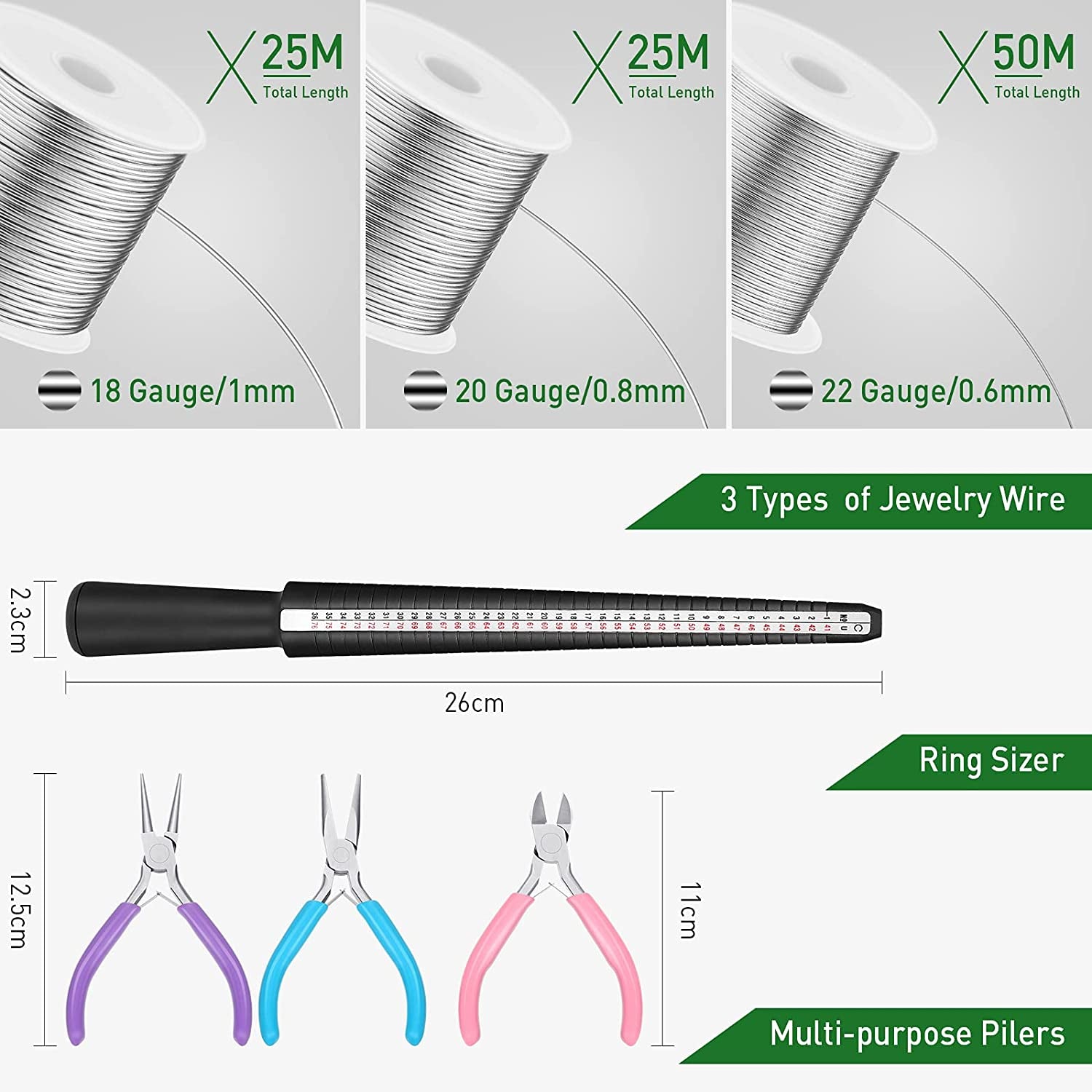 3 Rolls 18/20/22 Gauge Craft Wire for Jewelry Making Aluminum Wire with Ring Sizer Pliers for Jewelry Making(Silver)