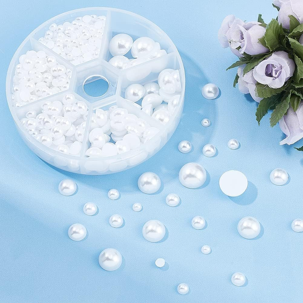 690Pcs Half round Pearl Beads 6 Sizes Flat Back Pearl Cabochon Faux Pearl Beads for DIY Scrapbook Phone Case Wedding Decor Hair Accessory Nail Art, White, 4/5/6/8/10/12Mm
