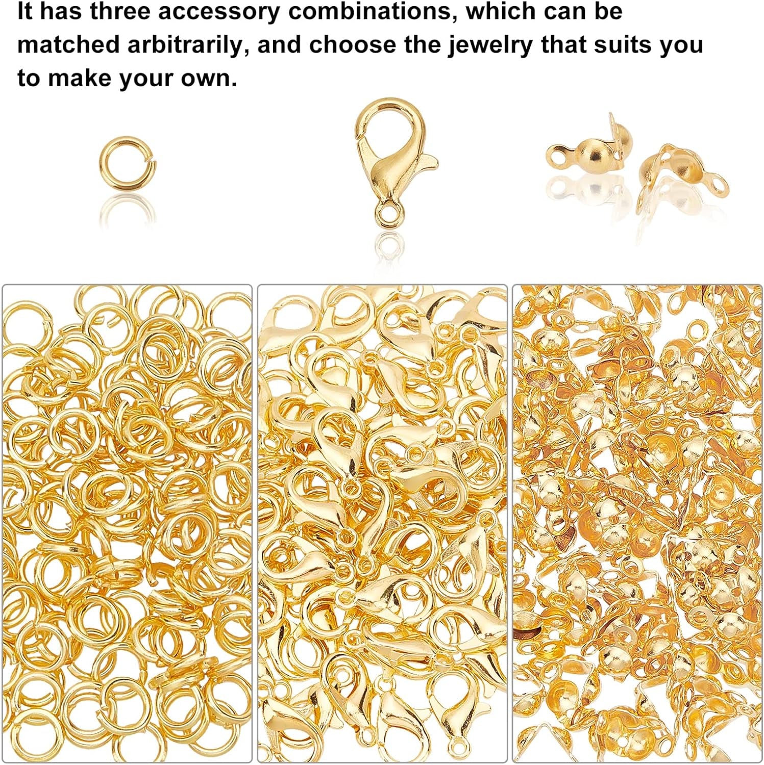 500Pcs Jewelry Making Accessory Set 200Pcs 4Mm 21 Guage Open Jump Ring 100Pcs 12X6Mm Lobster Claw Clasp 200Pcs 7Mm Bead Tips Knot Covers for Earring Bracelet Jewelry Making, Gold