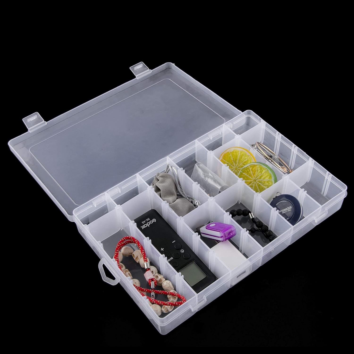 Pack of 2 Transparent Plastic Grid Box Storage Organizer for Display Collection with Adjustable Dividers - 36 Clear Grids - 10.8"X7.0"X1.8" Come with Letter Stickers