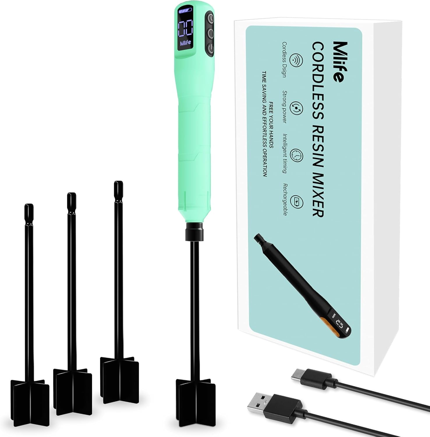 Epoxy Resin Mixer, Rechargeable Handheld Mixer, Epoxy Mixer for Resin with 4PCS Mixing Paddles,Resin Mixer Electric for Epoxy Resin, Silicone, Paint Mixing, DIY Crafts,Epoxy Stirrer(Light Green)