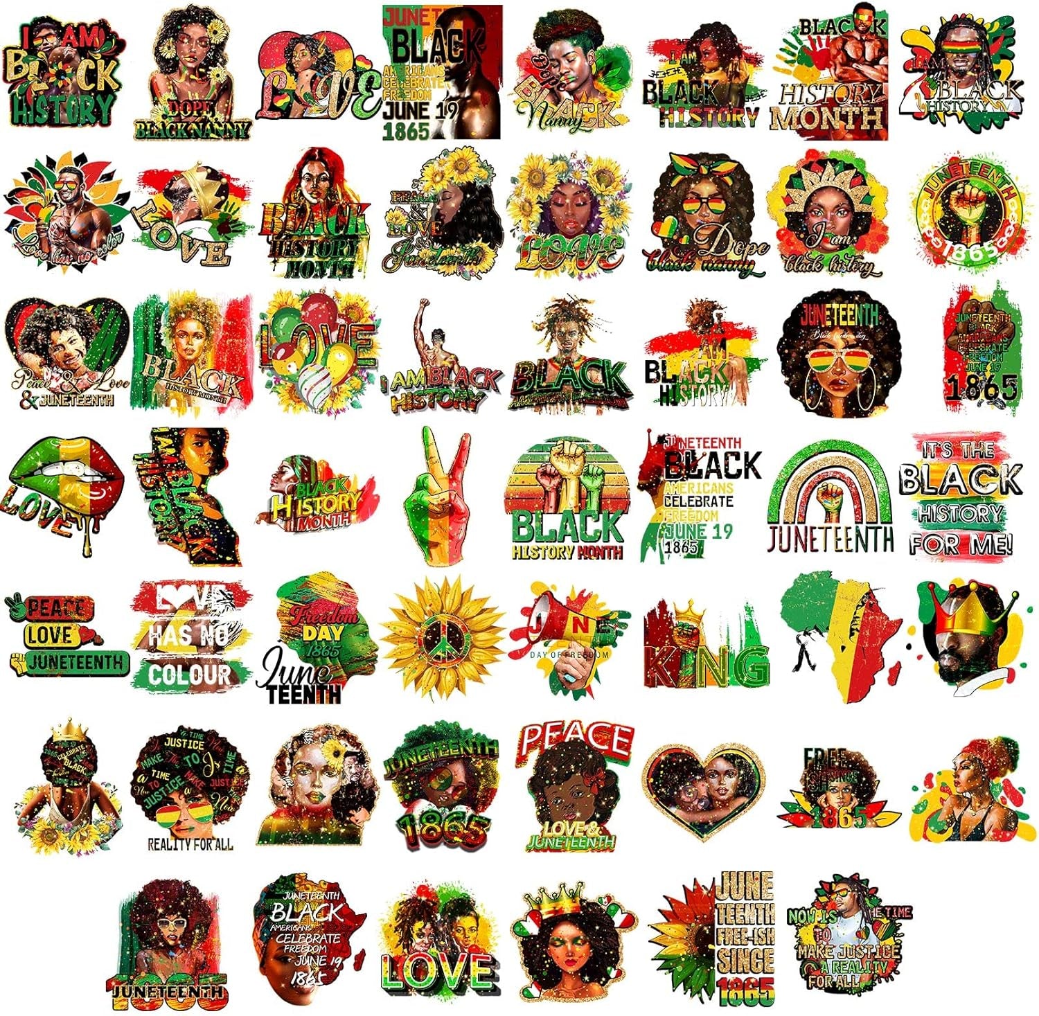 54 Pcs Juneteenth Iron on Transfer Black History Month Heat Vinyl Decals Black Girls Decals HTV Vinyl Heat Transfer Patches Black Women Men for Clothes Bag DIY Decorations