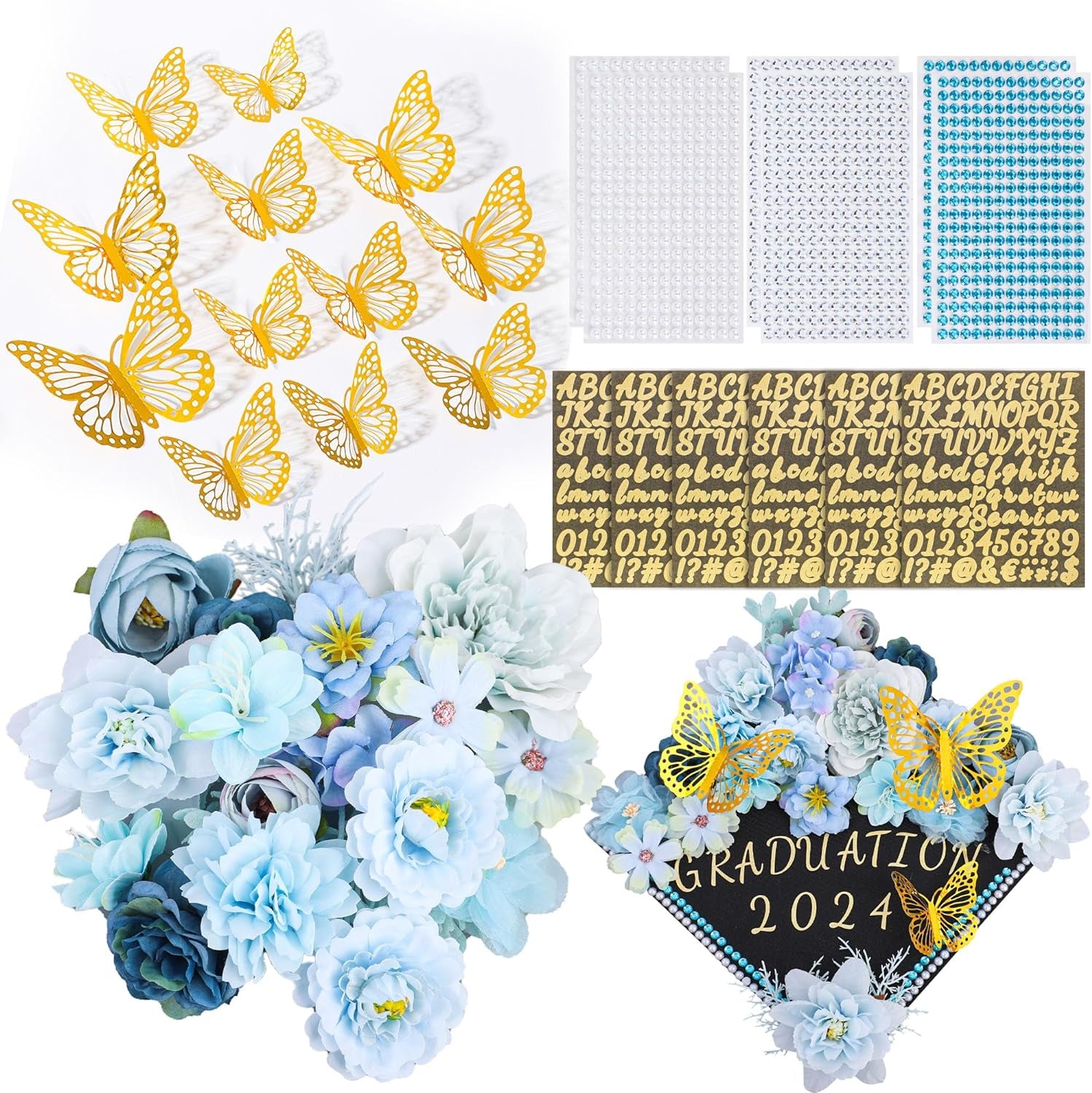 Graduation Cap Decorations Kit Include Assorted Flowers 3D Butterfly Stickers Glitter Rhinestones Alphabet Letter Number Stickers for DIY Grad Cap 2024 Graduation Party Supplies (Blue Flower)