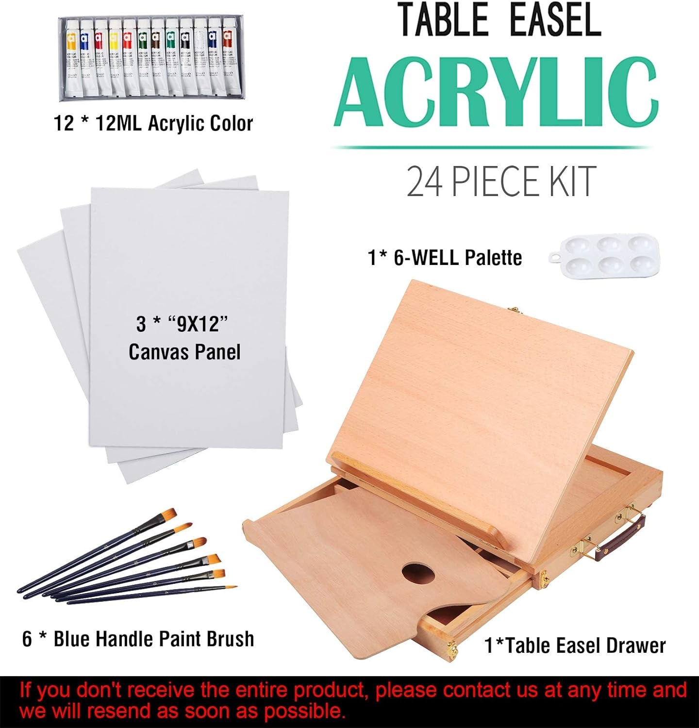 Tabletop Easel Set - 24 Pieces Starter Kit - Artist Acrylic Painting Kit with 12 Acrylic Paints Set, Canvas Panels, Brushes, Wooden Palette for Kids, Adults, Beginners, Professionals