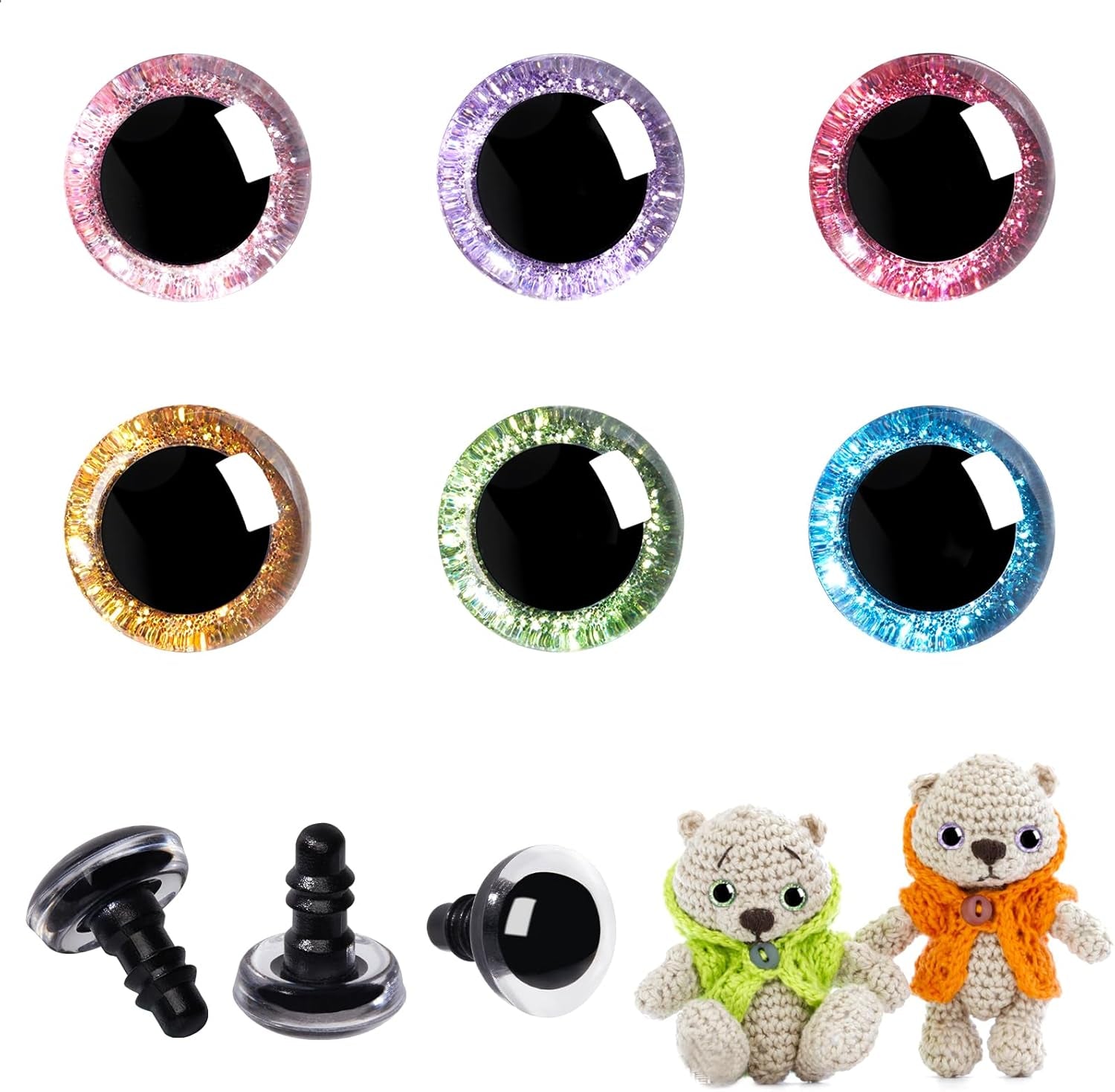 120Pcs 16Mm 3D Glitter Plastic Safety Eyes for Amigurumi Trapezoid Craft Crochet Doll Eyes with Washers Stuffed Animal Eyes for DIY of Puppet, Bear Plush Animal(6 Colors)