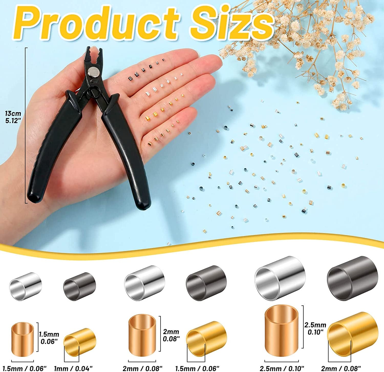 Crimping Beads for Jewelry Making, 2200 Pieces Crimp Tubes with Crimping Pliers for Earring Necklace Bracelet DIY Jewelry Making(3 Sizes, 4 Colors)