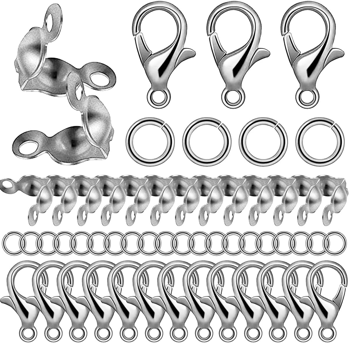 1000PCS Jewelry Making Accessories Set, 100 Lobster Claw Clasps 300 Crimp Beads Crimp Beads Clasps Caps 600 Open Jump Ring Connectors for DIY Bracelet Necklace Crafts Jewelry Making(Silver)