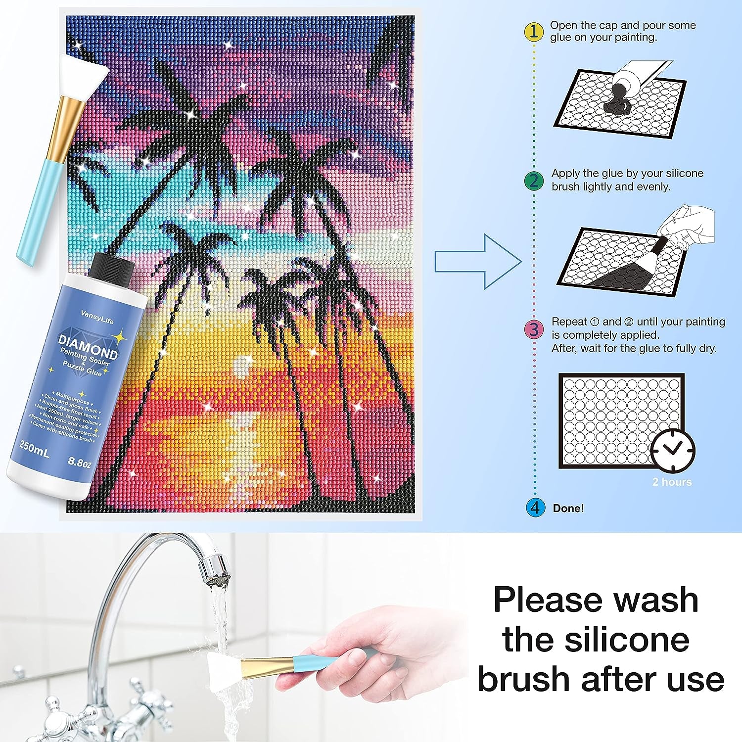 Updated Diamond Painting Sealer 250ML with Silicone Brush, 5D Diamond Painting Glue Accessories Permanent Hold & Shine Effect for Diamond Painting and Jigsaw Puzzles (8.8 OZ)