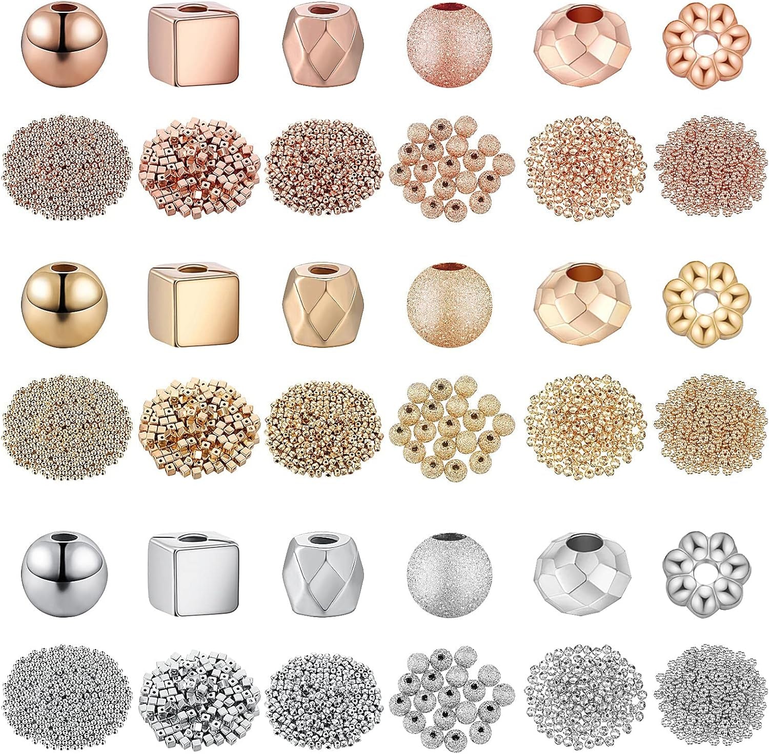 3660 Pieces Assorted Spacer Beads Faceted Rondelle Cube Beads Flower Spacer Beads Frosted Ball Loose Beads Square Spacer Beads Column Beads Jewelry Charms for Jewelry Making DIY, 3 Colors, 6 Styles