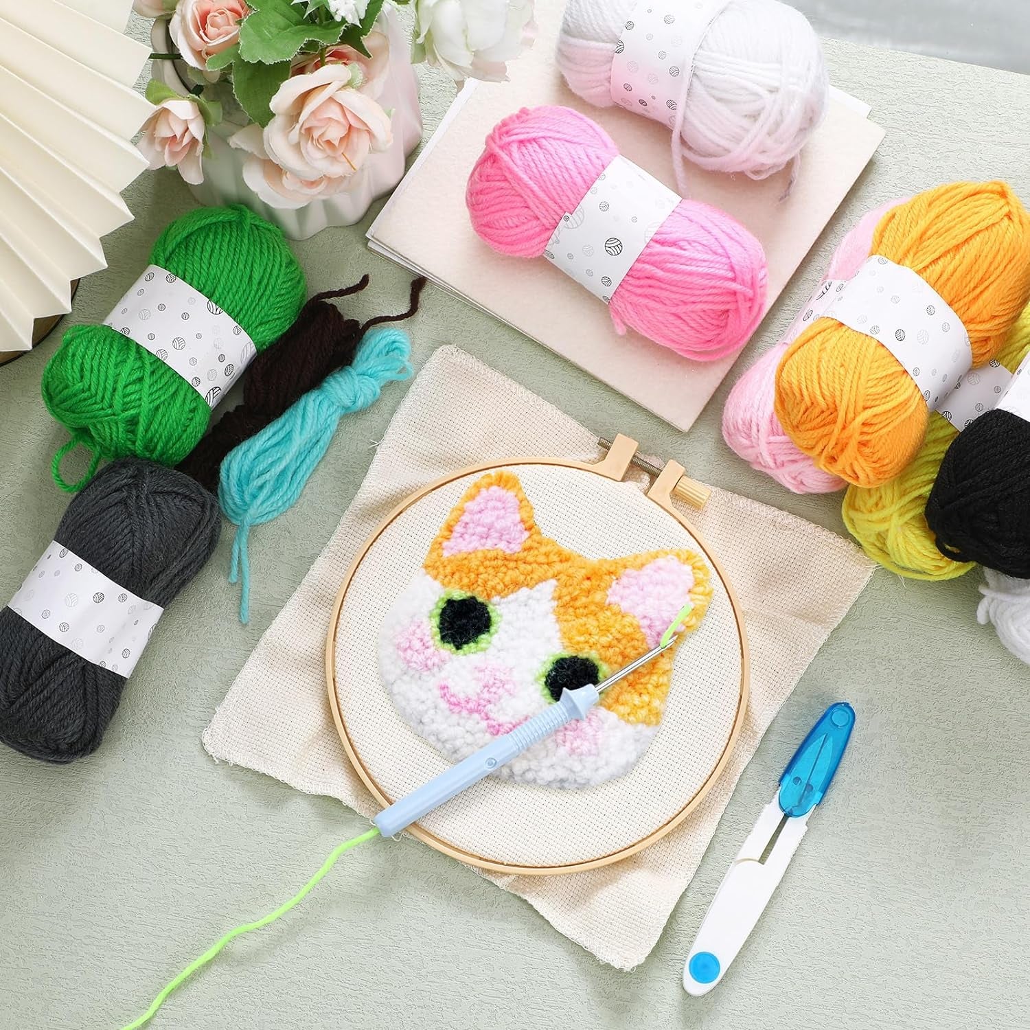 6 Set Animal Punch Needle Coasters Kit with Pattern, Yarn, Adhesive Felts, Hand Tools, Wooden Embroidery Hoop and Instruction Rug Punch Decoration DIY Art Crafts Kit for Adult Beginner