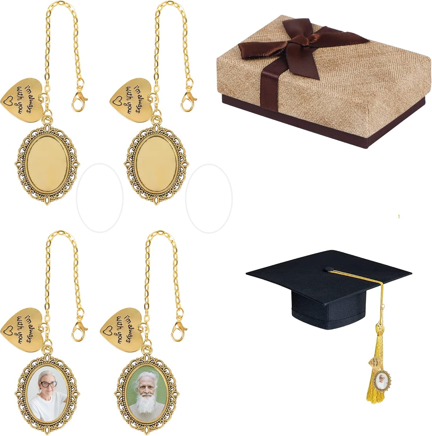 Class of 2024 Graduation Cap Photo Charm Antique Photo Charms I Always with You Memorial Ceremony College Gift DIY Grad Photo Chain with Glass Wear on Cap in Memory for Graduation