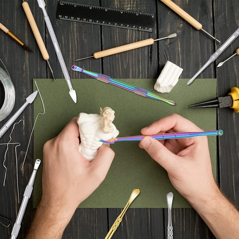 15 Pieces Wax Carving Tools,Stainless Steel Double-Ended Wax Sculpting Tools with 2Pcs Silicone Containers and 2Pcs Portable Metal Case for Wood Clay Pottery