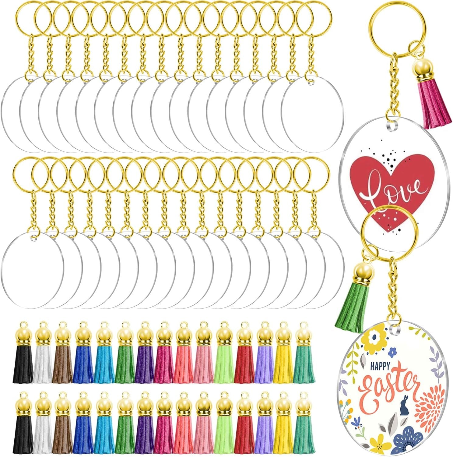 120Pcs Acrylic Keychain Blanks for Vinyl Kit Including 30Pcs Clear Acrylic Blanks, 30Pcs Keychain Tassels, 30Pcs Key Rings and 30Pcs Jump Rings for DIY Key Chain Vinyl Crafting