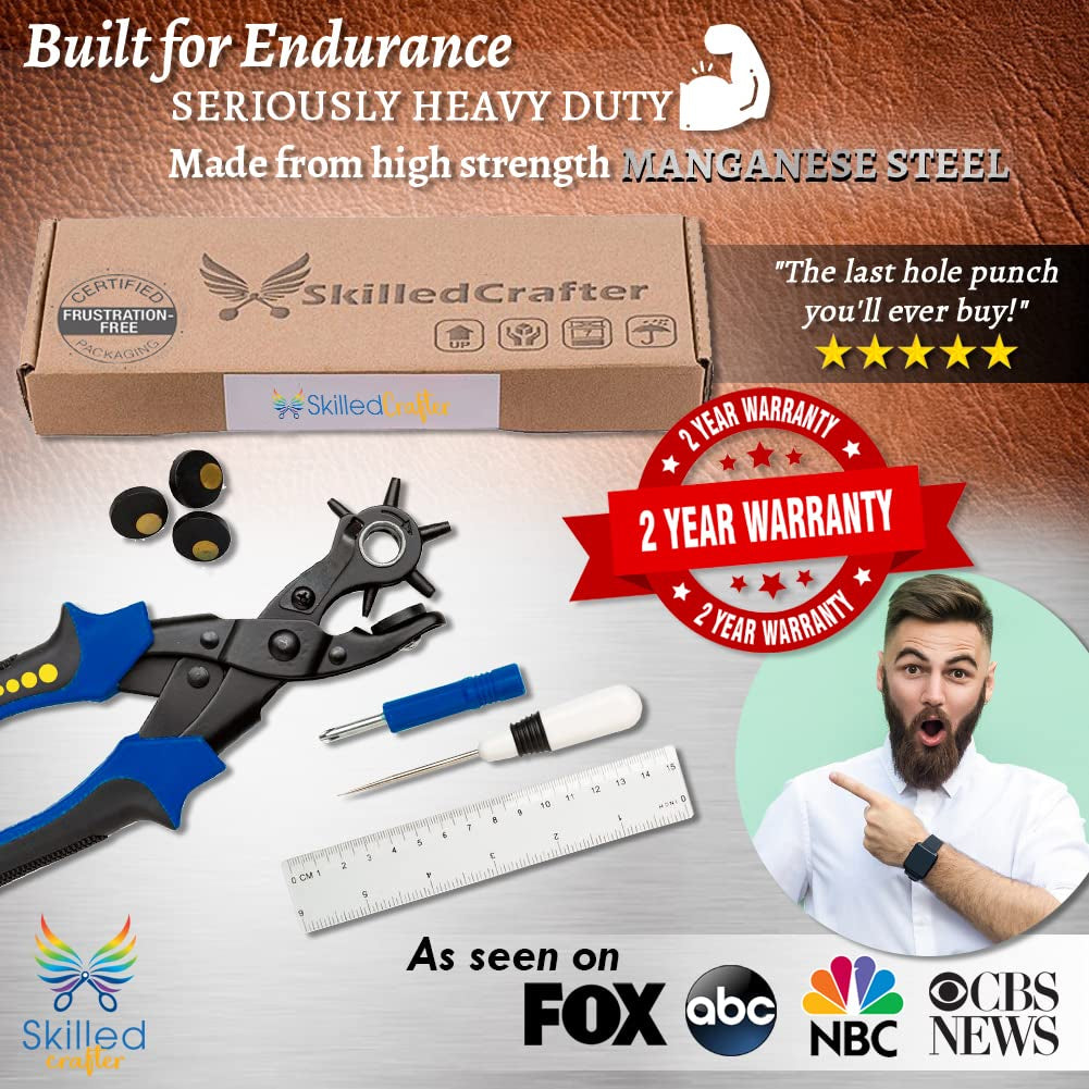 Leather Hole Punch & Belt Hole Puncher Easily Punches Perfect round Holes. Bonus Ruler & Awl Tool. Leather Punch Tool for Watch or Bag Strap, Fabric, Eyelet - Precision Crafting & Professional Results