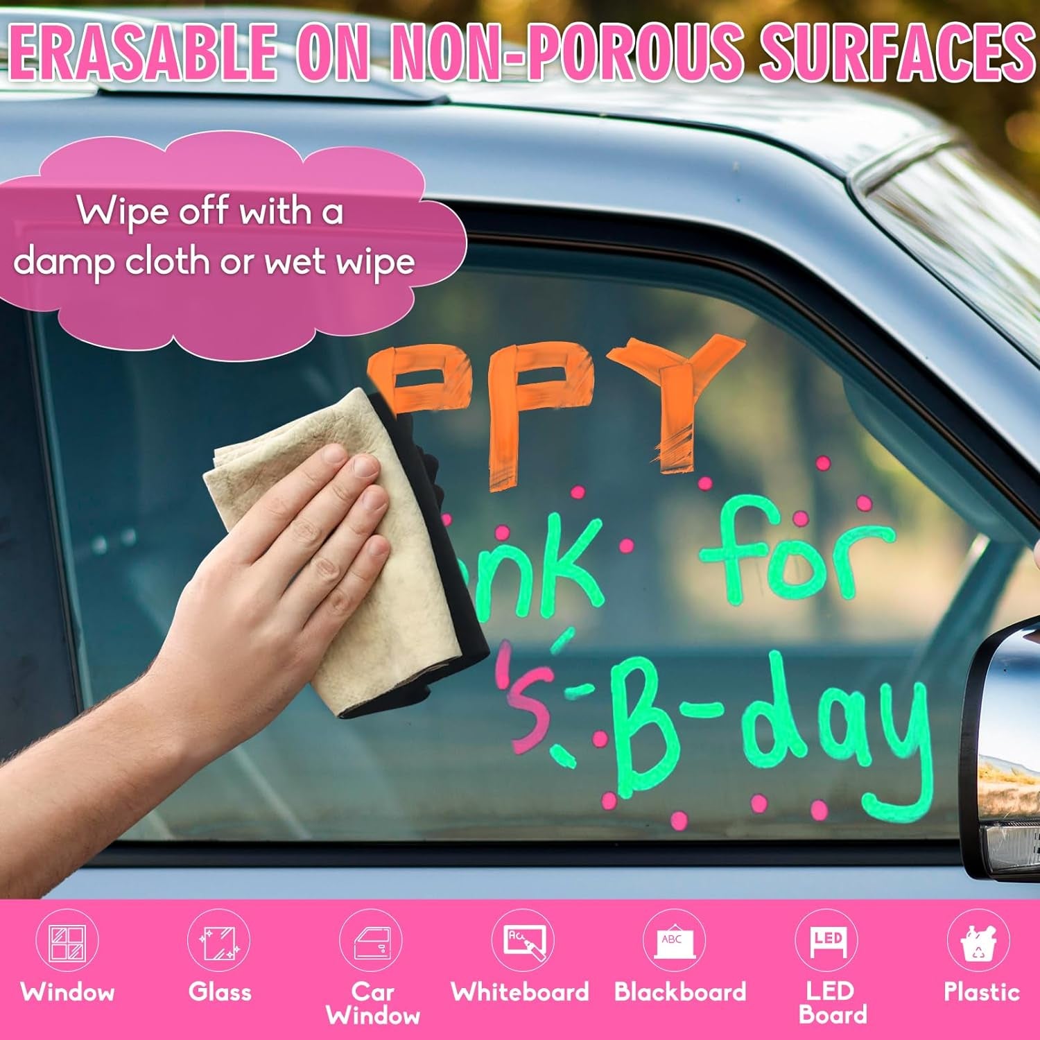Car Window Markers for Auto Glass Washable - Liquid Window Chalk Markers Pen with 10Mm Jumbo Wide Tips, 8 Neon Colors Chalkboard Markers, Window Paint Markers for Menu Board, Blackboards, LED Poster