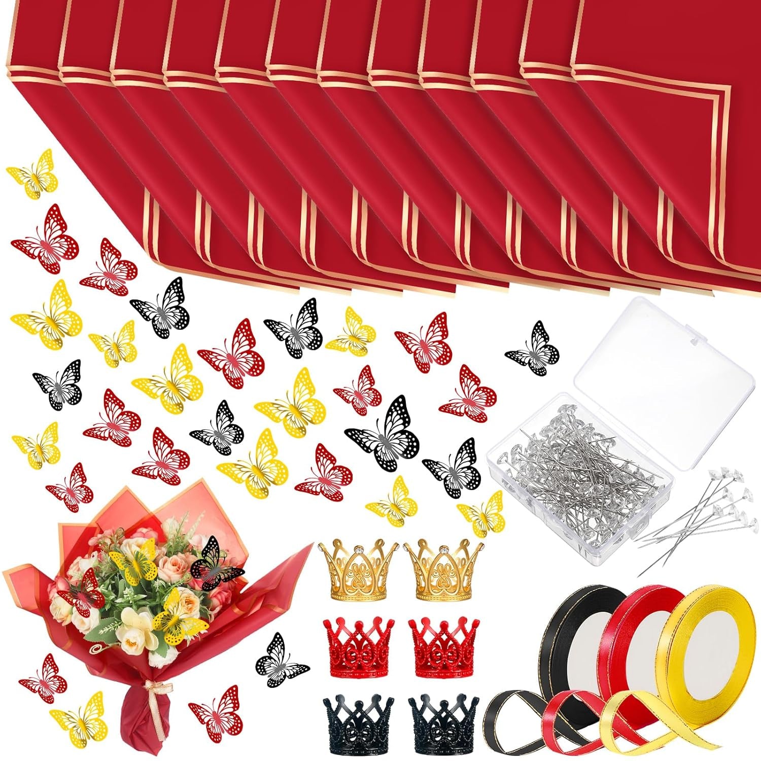 243 Pcs Flower Bouquet Wrapping Paper Waterproof Floral Wrapping Paper Florist Supplies with Butterfly Decoration Crowns Ribbons Bouquet Pin Glue for DIY Craft (Red, Black, Gold)