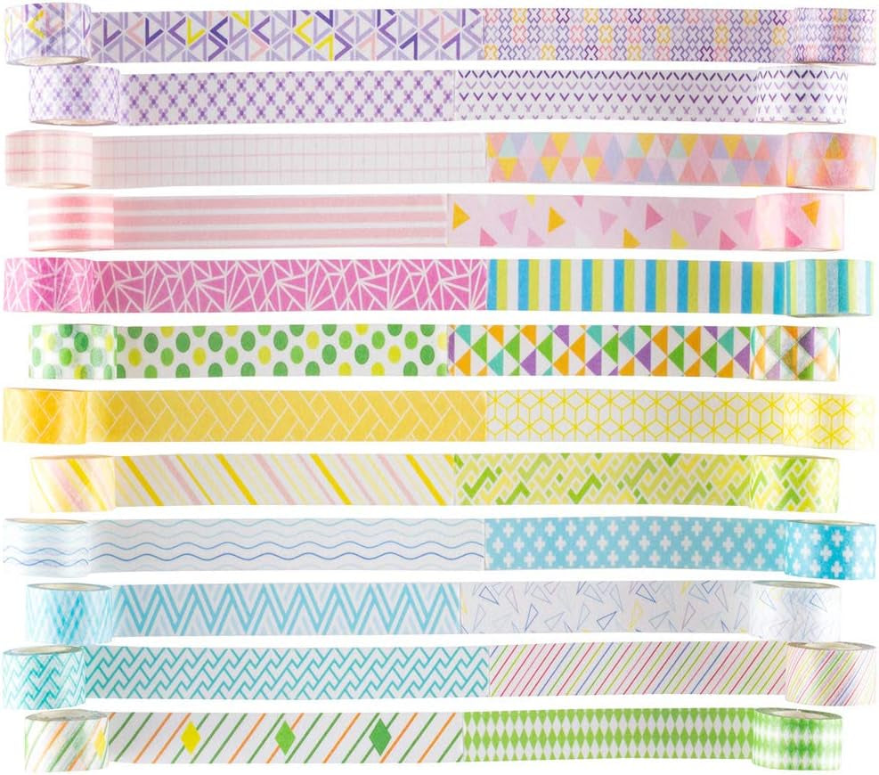 24 Rolls Washi Tape Set Basic Skinny Masking Decorative Tapes for Arts, DIY Crafts, Journals, Planners, Scrapbooking, Wrapping (Mini Graphics)