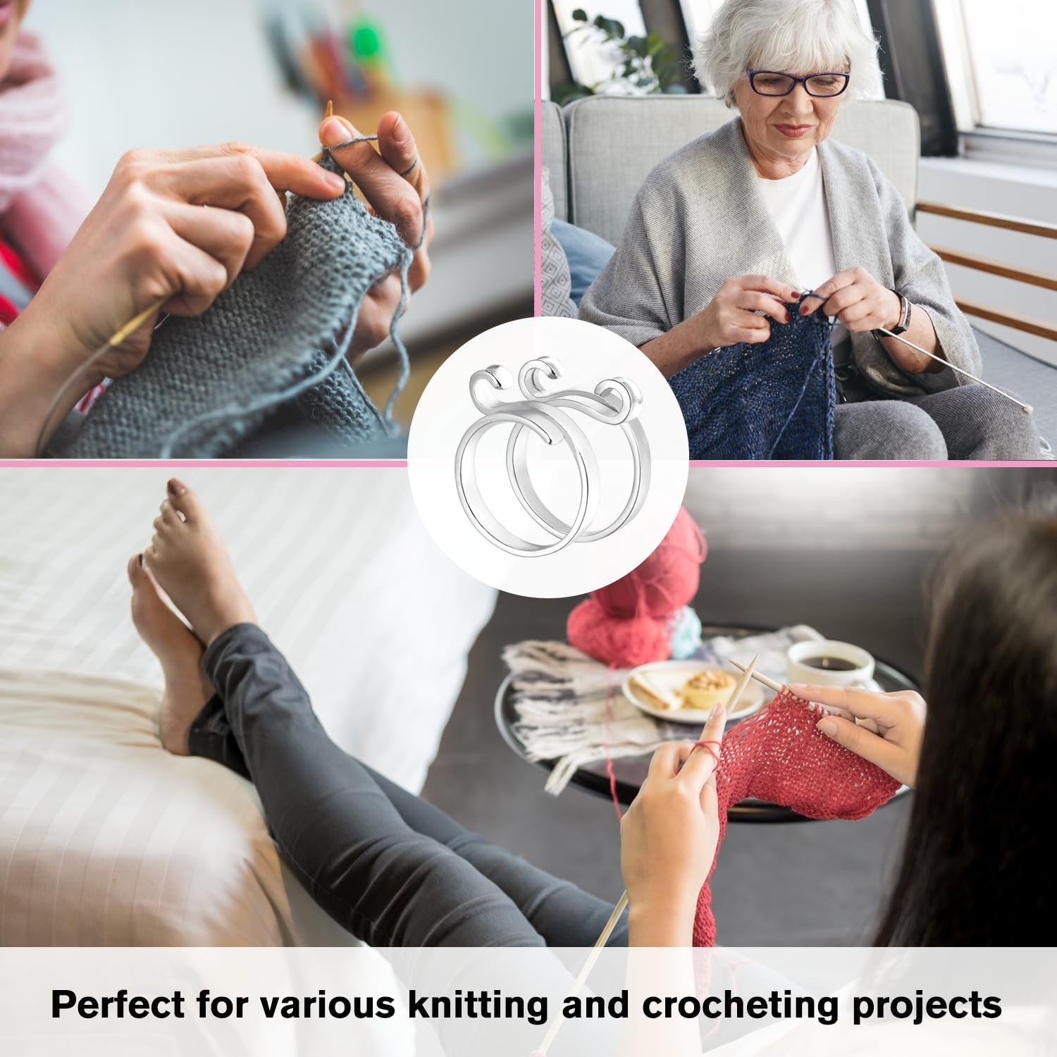 Adjustable Crochet Ring for Finger,Braided Knitting Ring with Plastic Box Yarn Tension Rings for Crocheting Knitting Accessories 2 Styles Silver