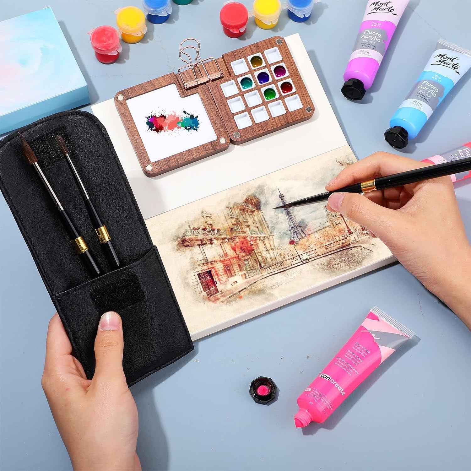 7 Pcs Portable Watercolor Palette with Clip Mini Watercolor Paper Sketchbook Travel Watercolor Brushes Set Wooden Color Palette Box 3 round Artist Paint Brushes with Protective Case (15 Color)