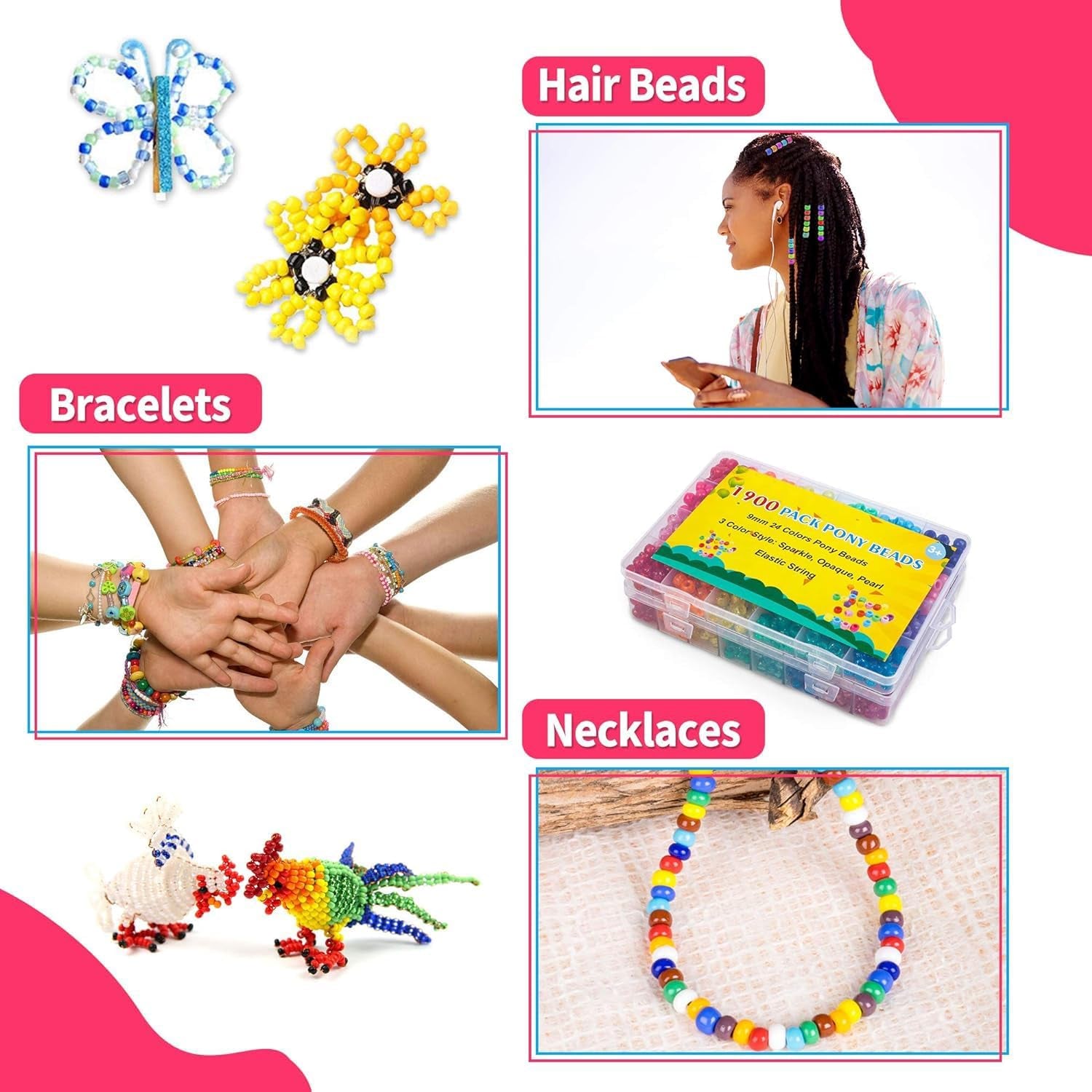 Pony Beads, 1,900 Pcs 9Mm Pony Beads Set in 24 Colors with Elastic String for Bracelet Jewelry Making by