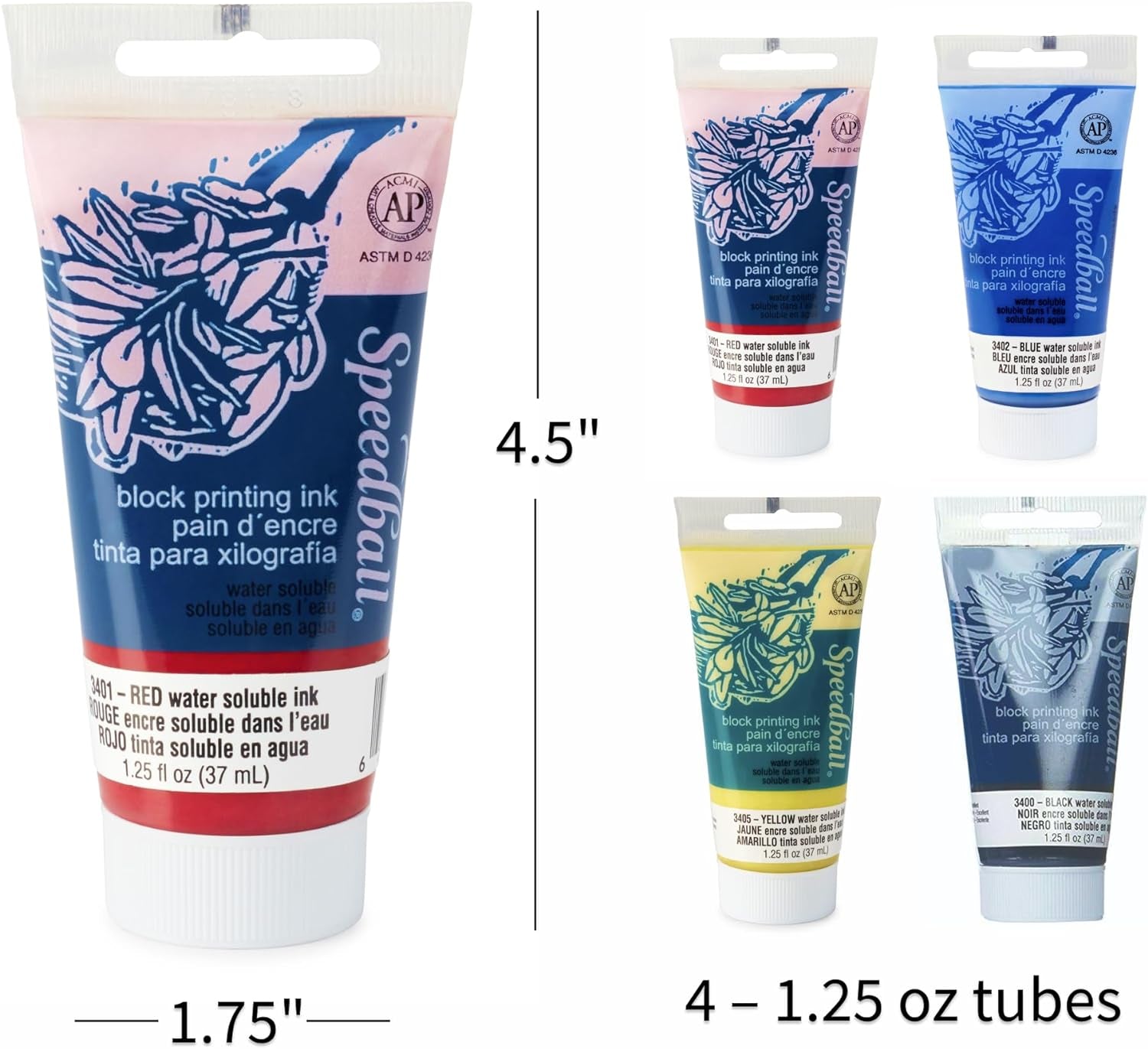 Water-Soluble Block Printing Ink Starter Set, 4-Color Set, 1.25-Ounce Tubes