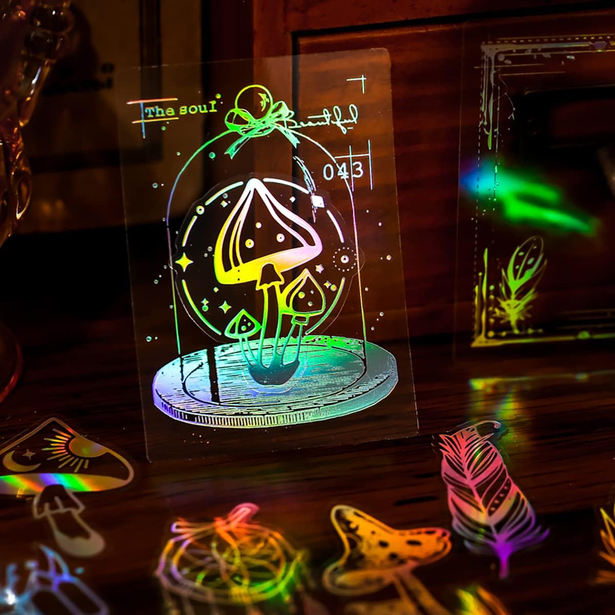 Holographic Glitter Stickers Set -160 Pcs with 4 Themes - Transparent Resin Stickers, Butterfly, Flower, Mushroom, Frame Lace Vintage Scrapbook Stickers Pack - for Laptop Phone Case Water Bottles