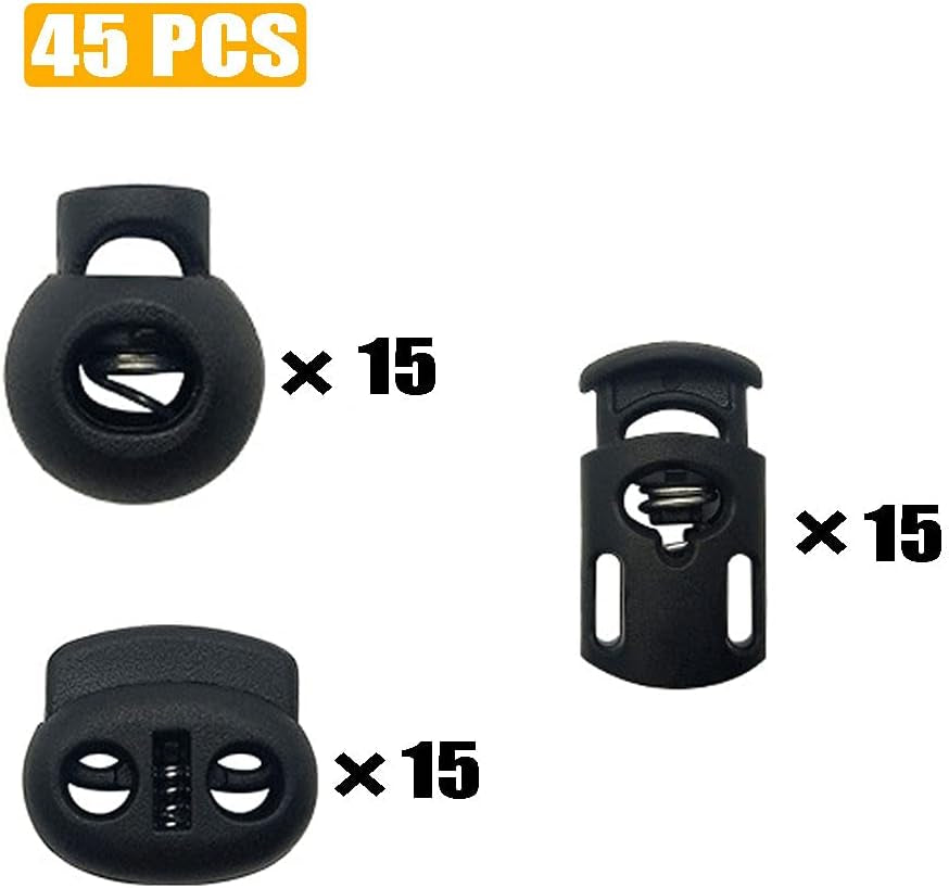 45 Pcs Plastic Cord Locks End Spring Stopper, Spring Cord Toggle for Drawstrings, Bags, Mask Adjustment, Clothing, Black
